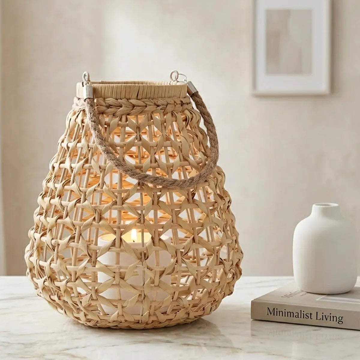Conjunto Luminárias Lanterna Decorativa de Fibra Natural com Alça Raiz