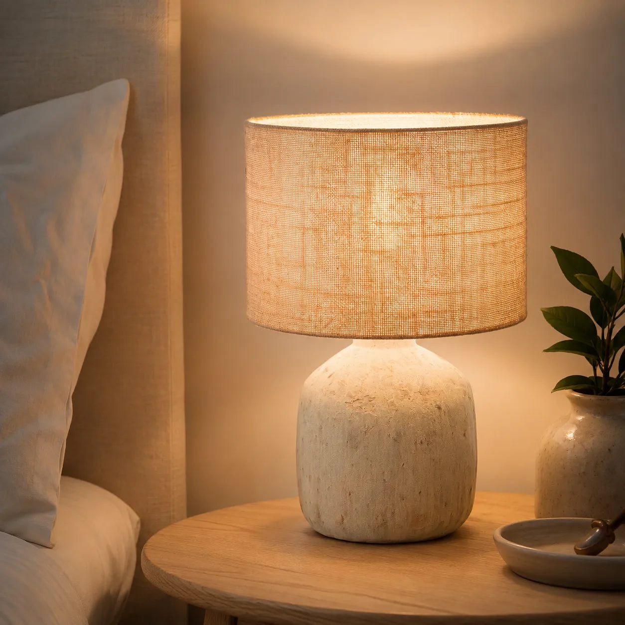 Luminária de Mesa em Fibra Natural e Cerâmica Avelã