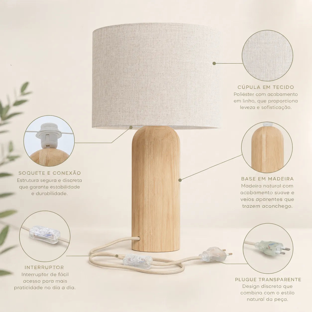 Luminária de Mesa em Linho e Madeira Linen