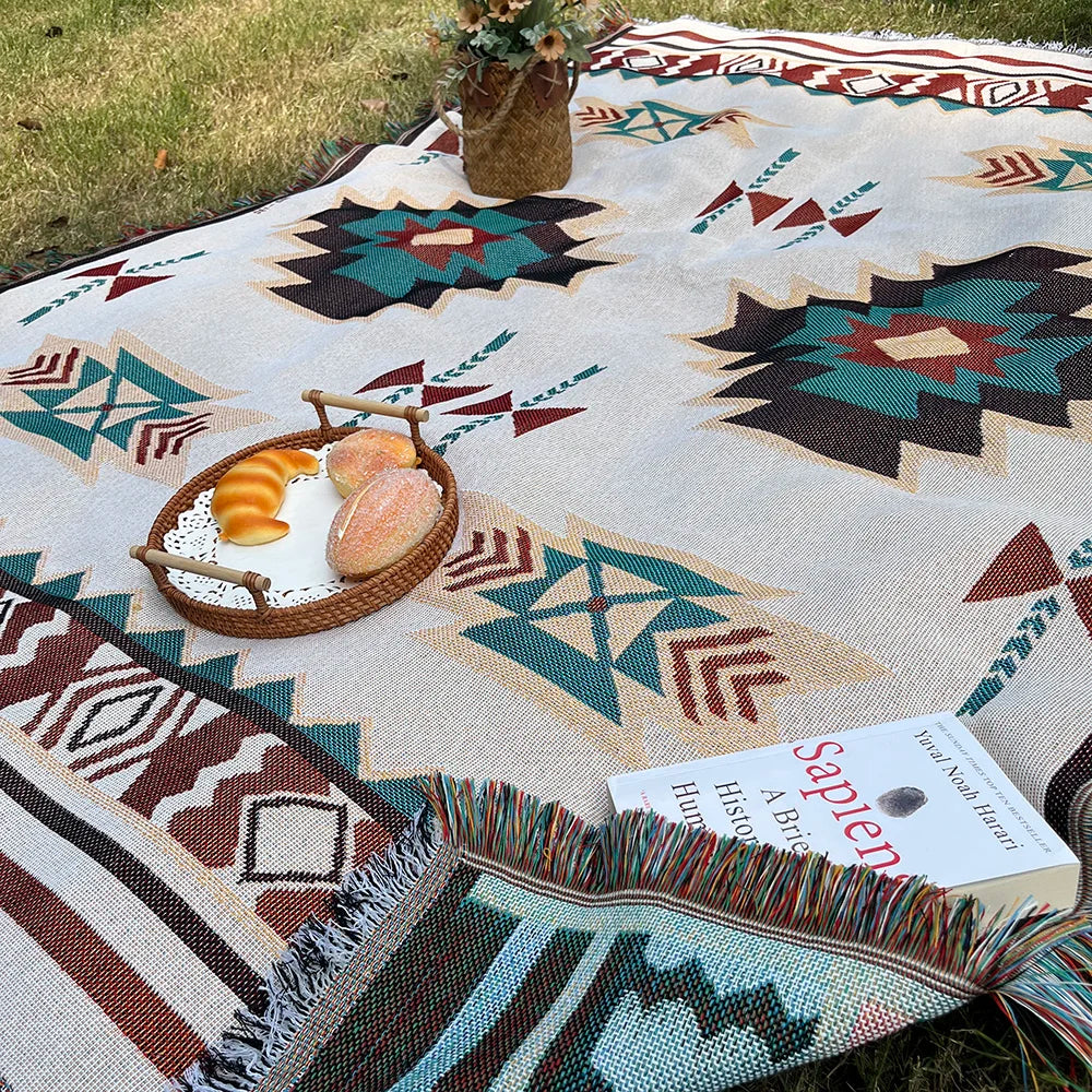 Manta para Sofá Boho Decorativa com Franja Étnico