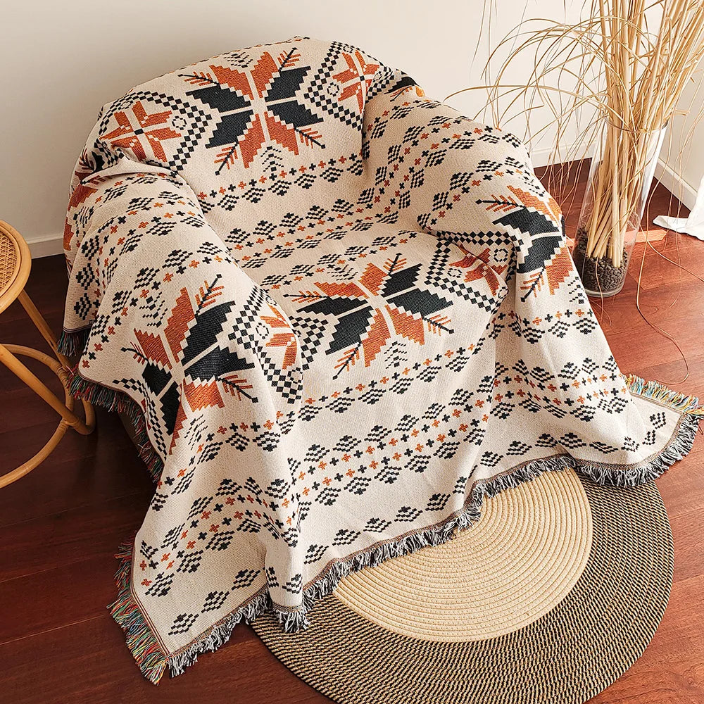 Manta para Sofá Boho Decorativa com Franja Étnico