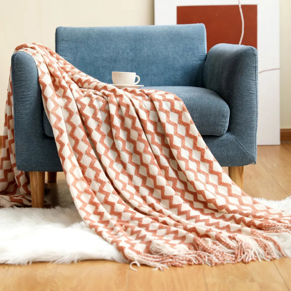 Manta para Sofá Decorativa Geométrica Com Franjas