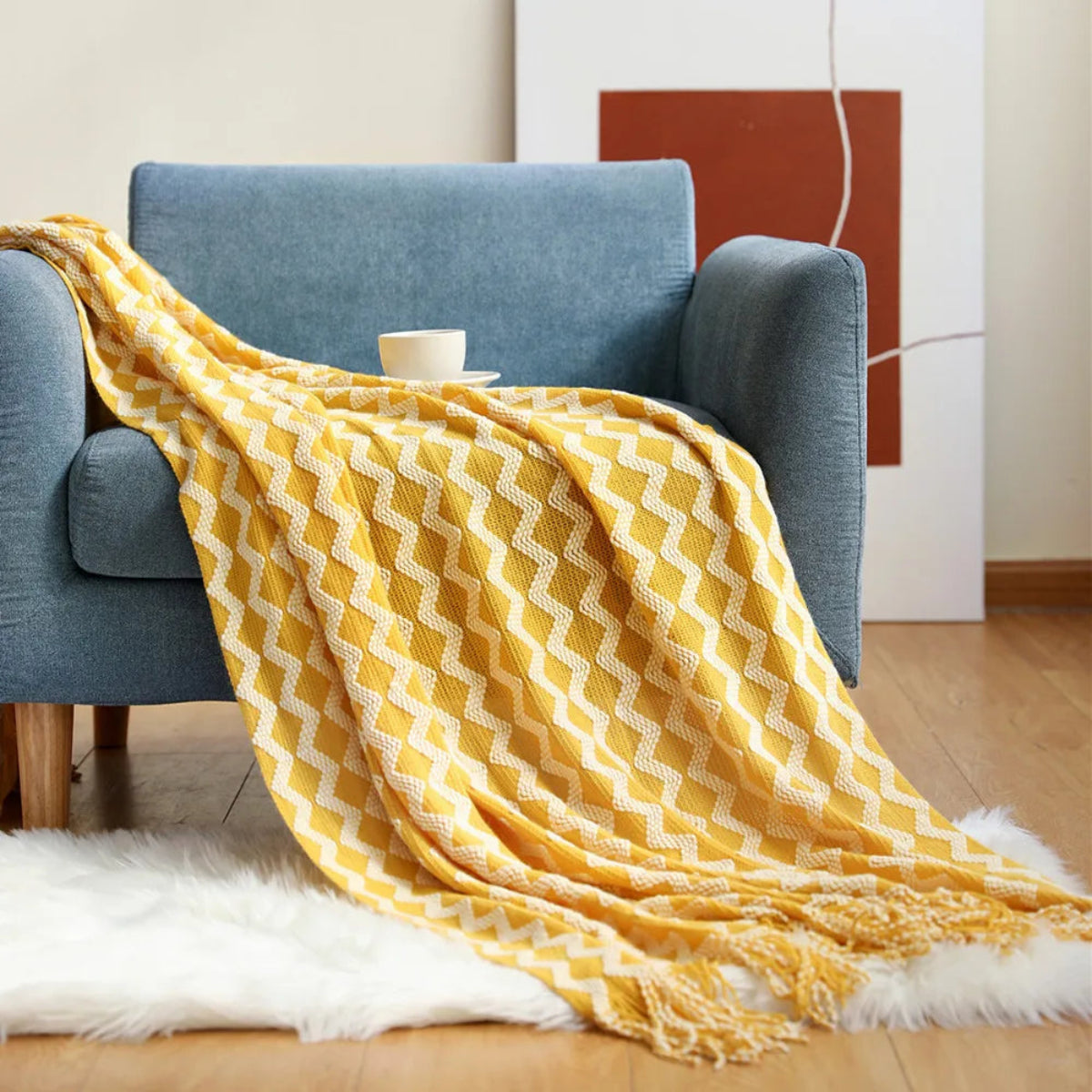 Manta para Sofá Decorativa Geométrica Com Franjas