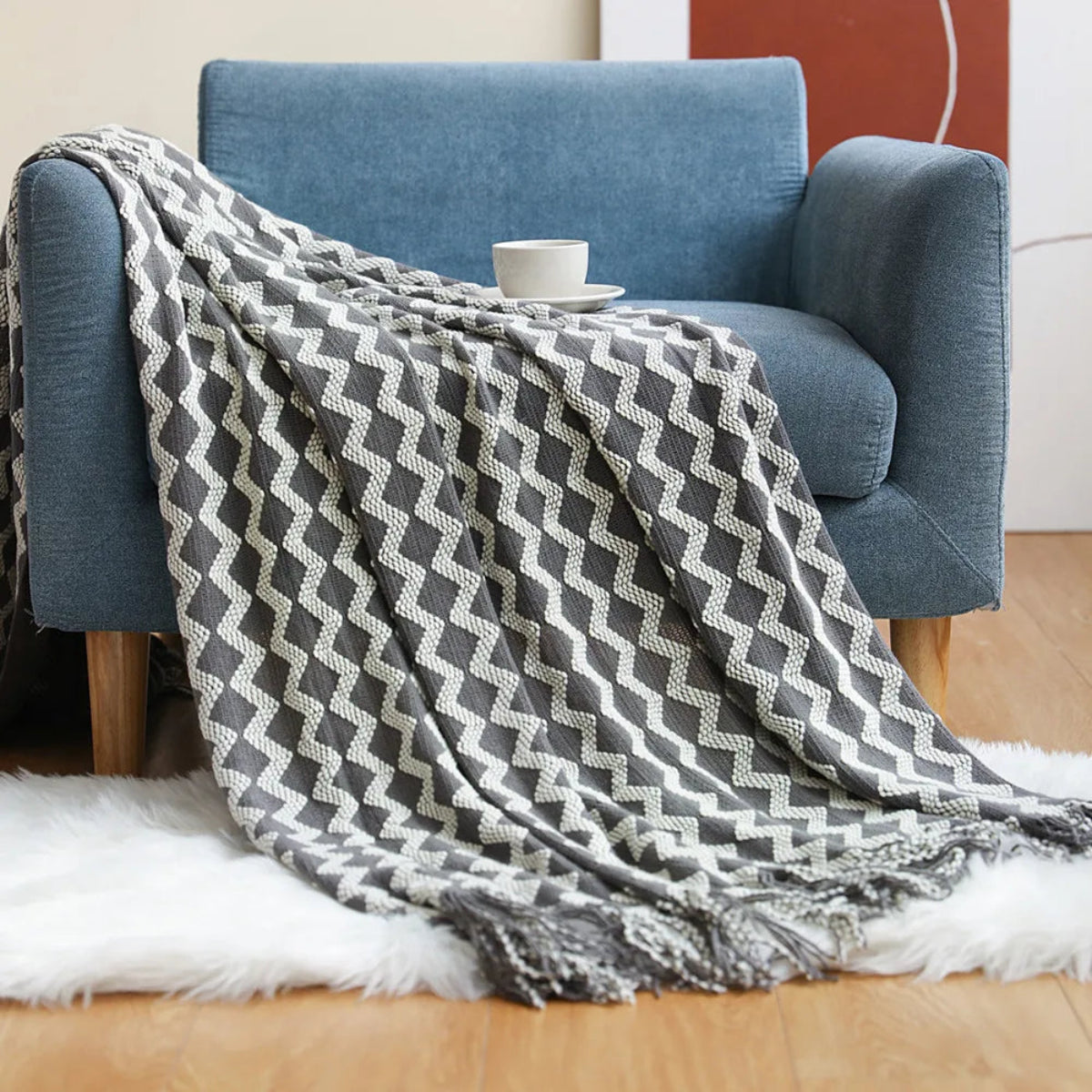 Manta para Sofá Decorativa Geométrica Com Franjas