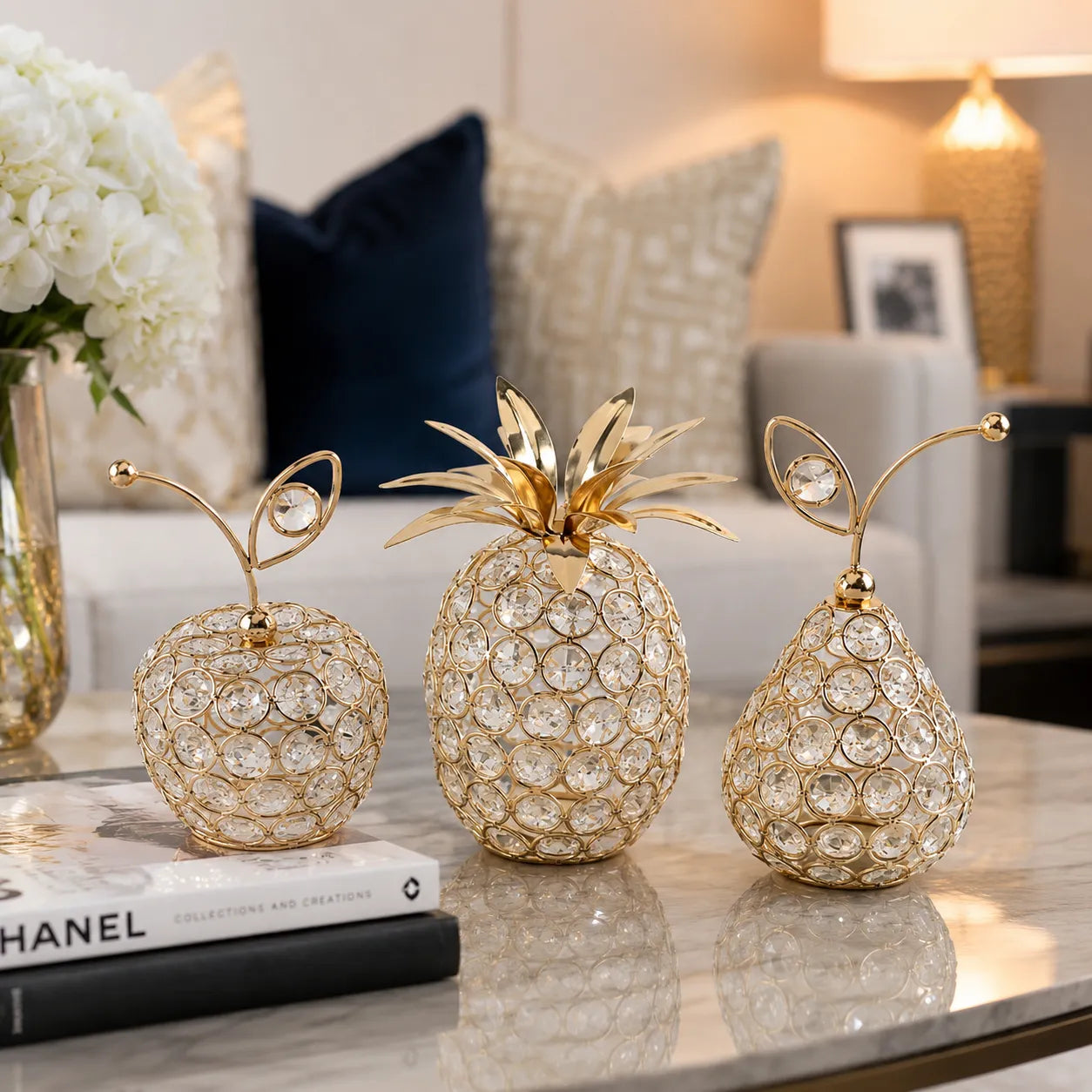 Conjunto Ornamento Dourado em Cristal Frutas - 3 peças