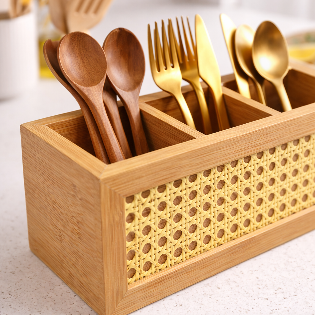 Porta Talheres de Bambu com Palhinha Indiana Essenza Natural