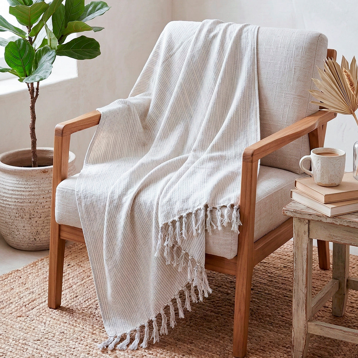 Manta para Sofá Artesanal Algodão com franjas Naturé