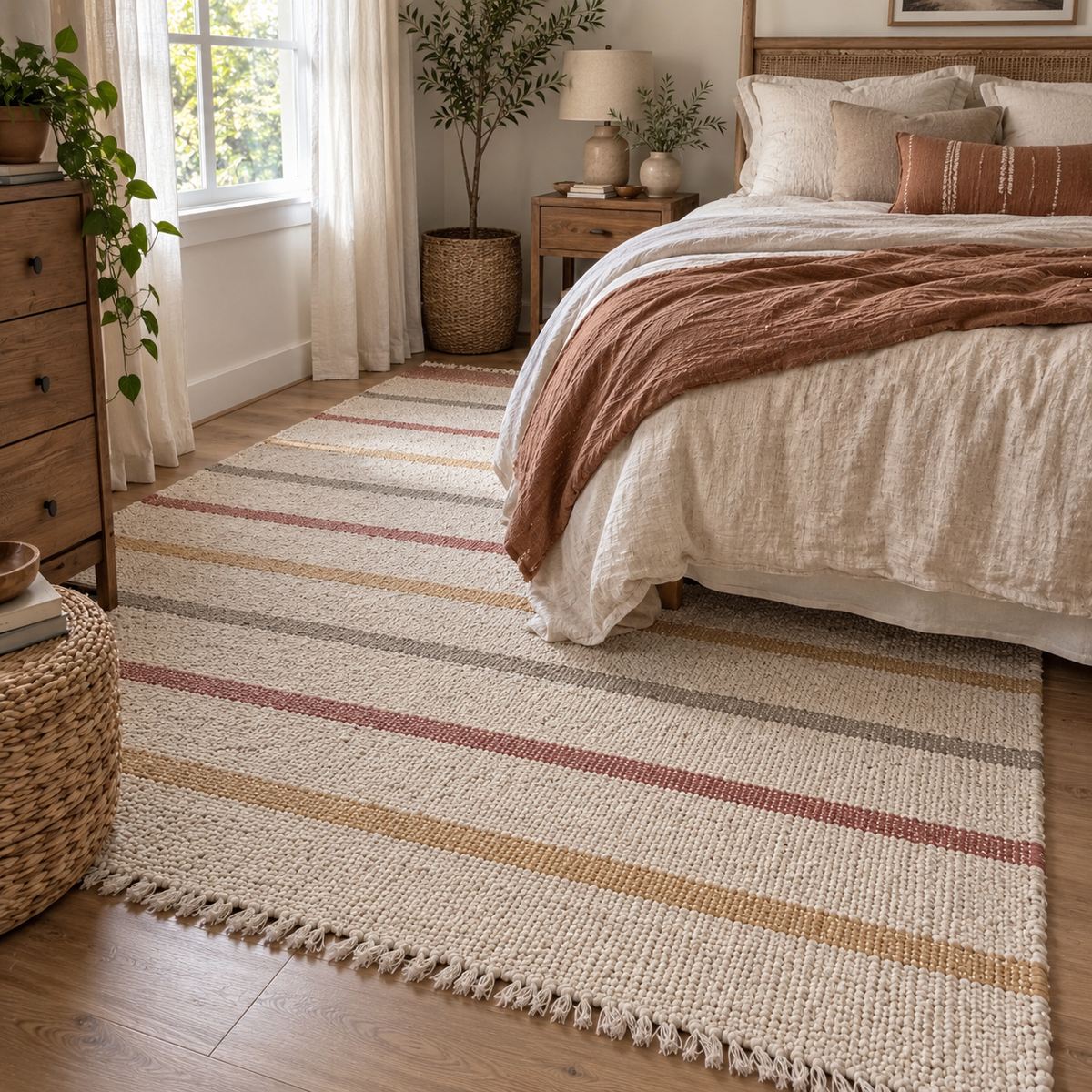 Tapete Aurora listrado em quarto aconchegante de estilo boho chic