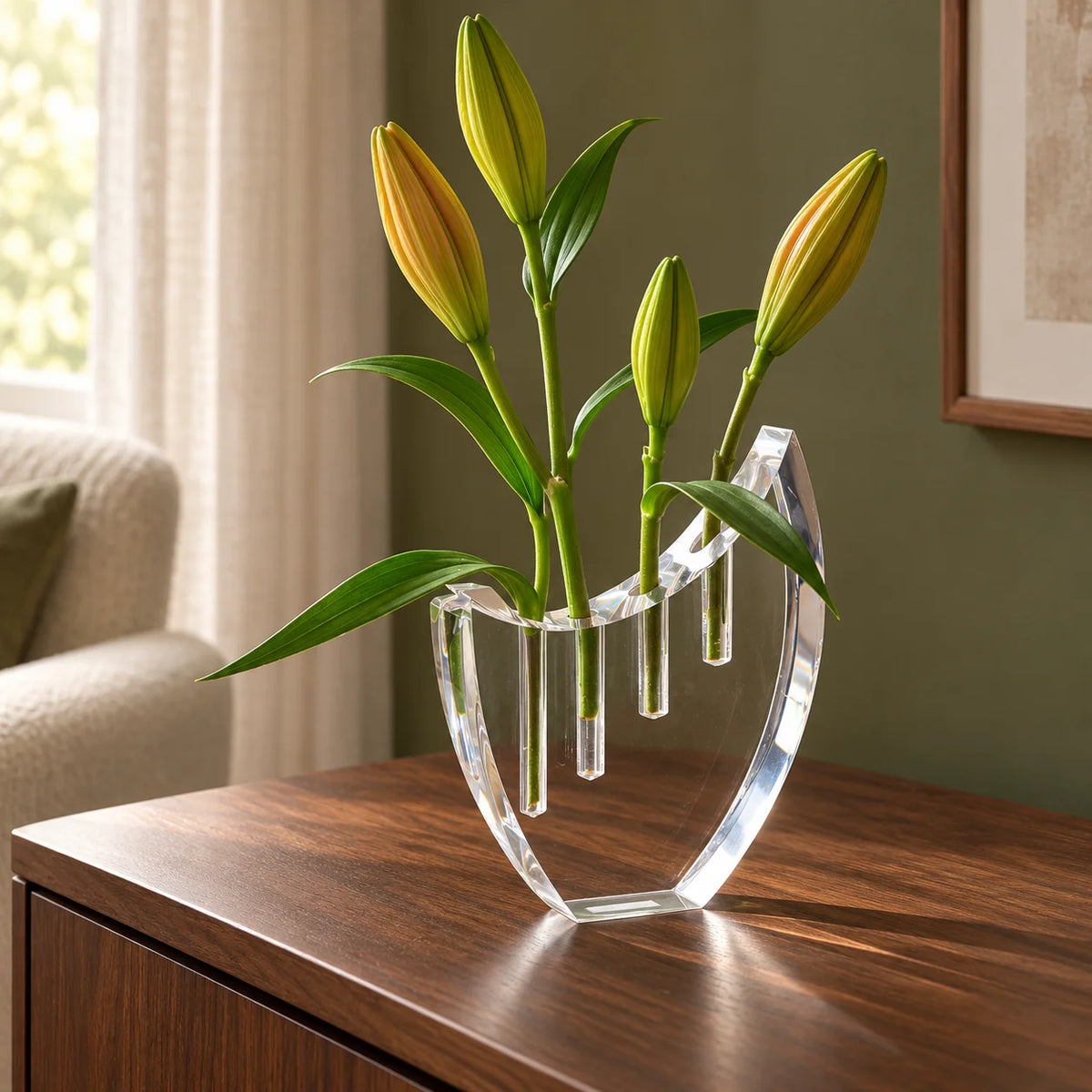 Vaso Selene em acrílico cristal, com botões de flores sobre móvel de madeira.