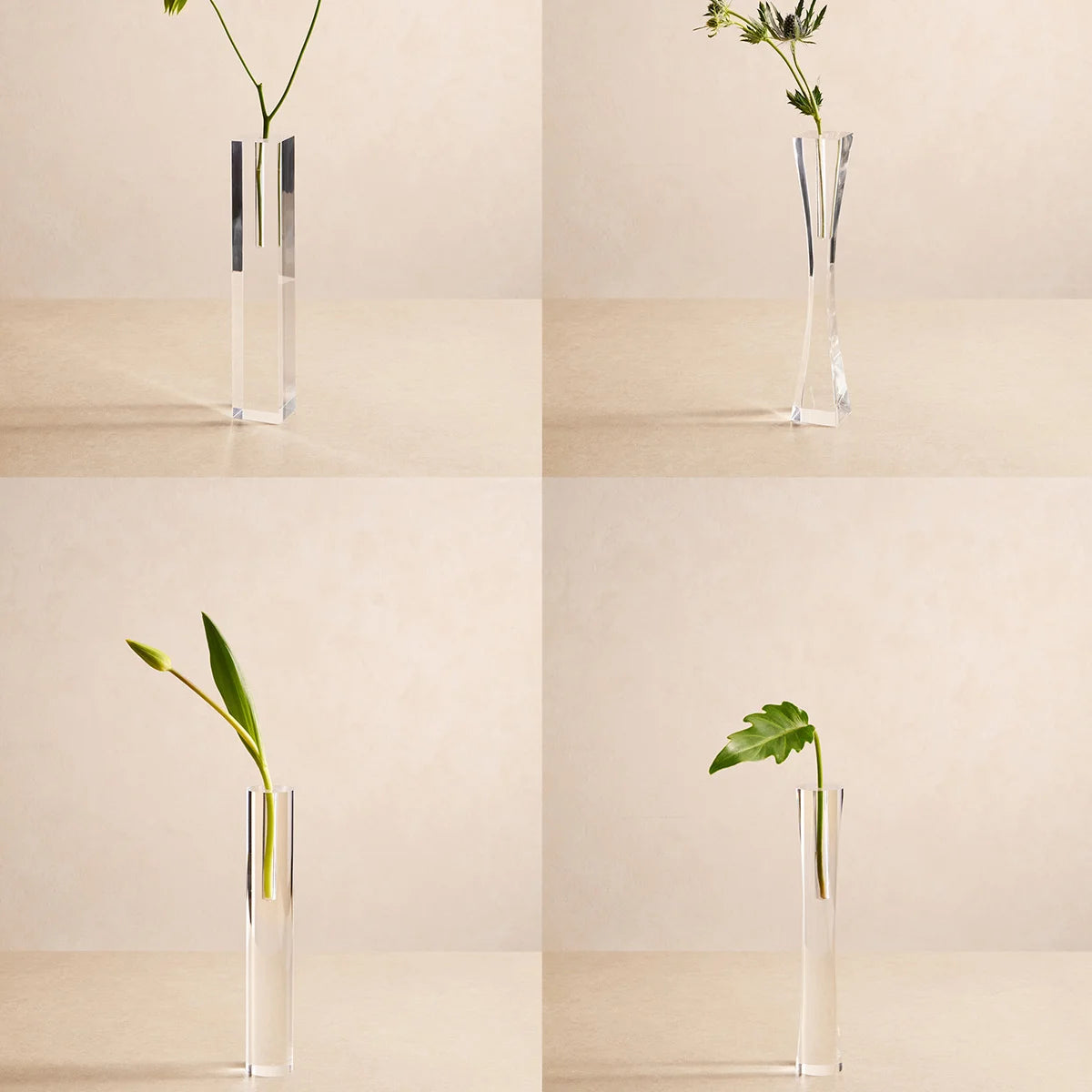 Vasos Lumielle em acrílico cristal, em composição com os quatro modelos separados.