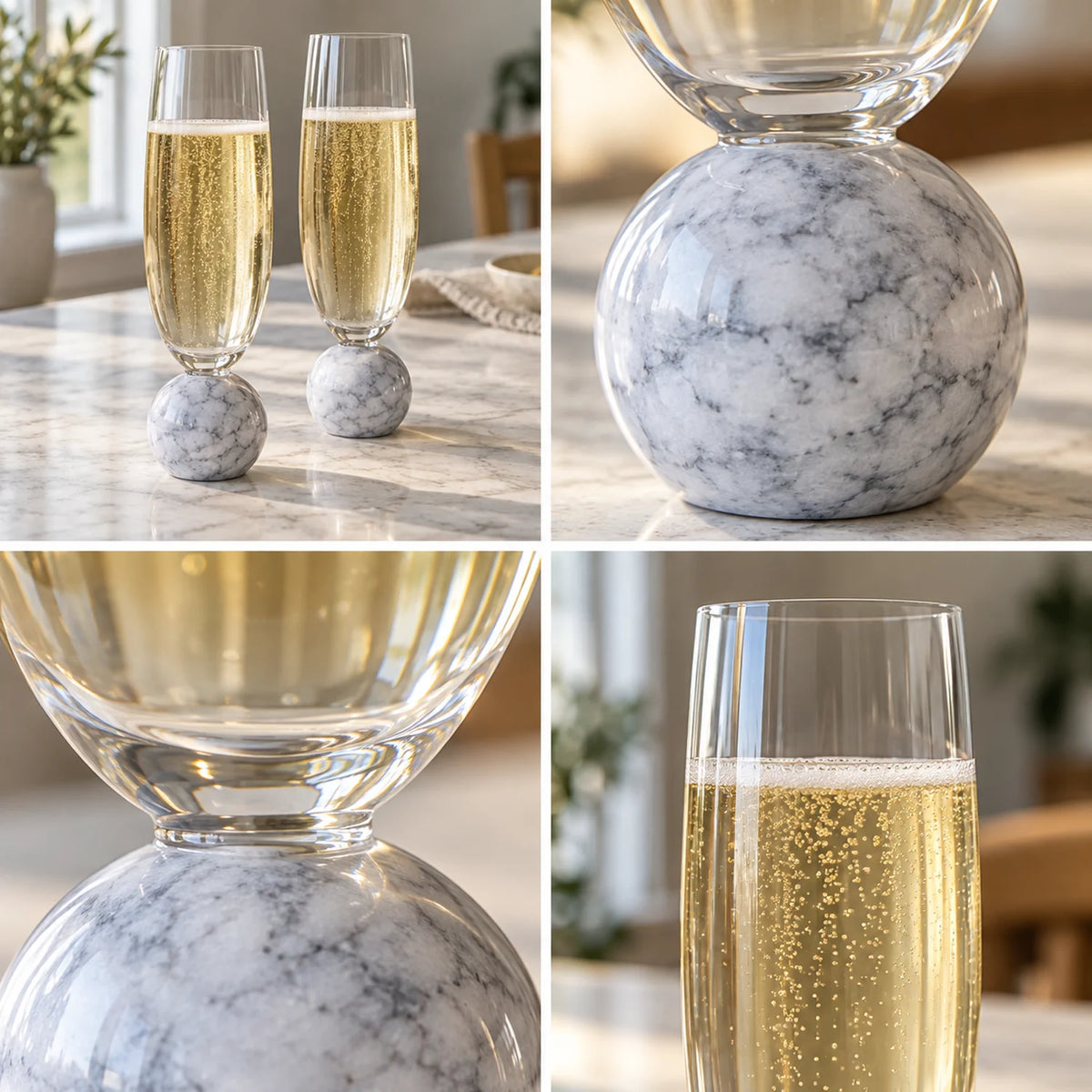 Jogo de Taças para Espumante em Cristal e Mármore Branco 210 ml Orvieto — quatro detalhes