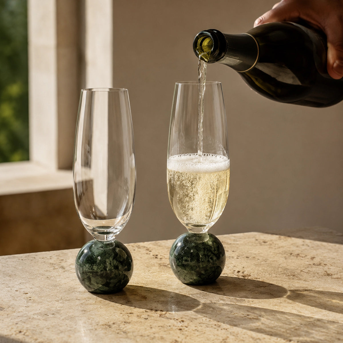 Jogo de Taças para Espumante em Cristal e Mármore Verde - 210ml — peça decorativa da Casainno