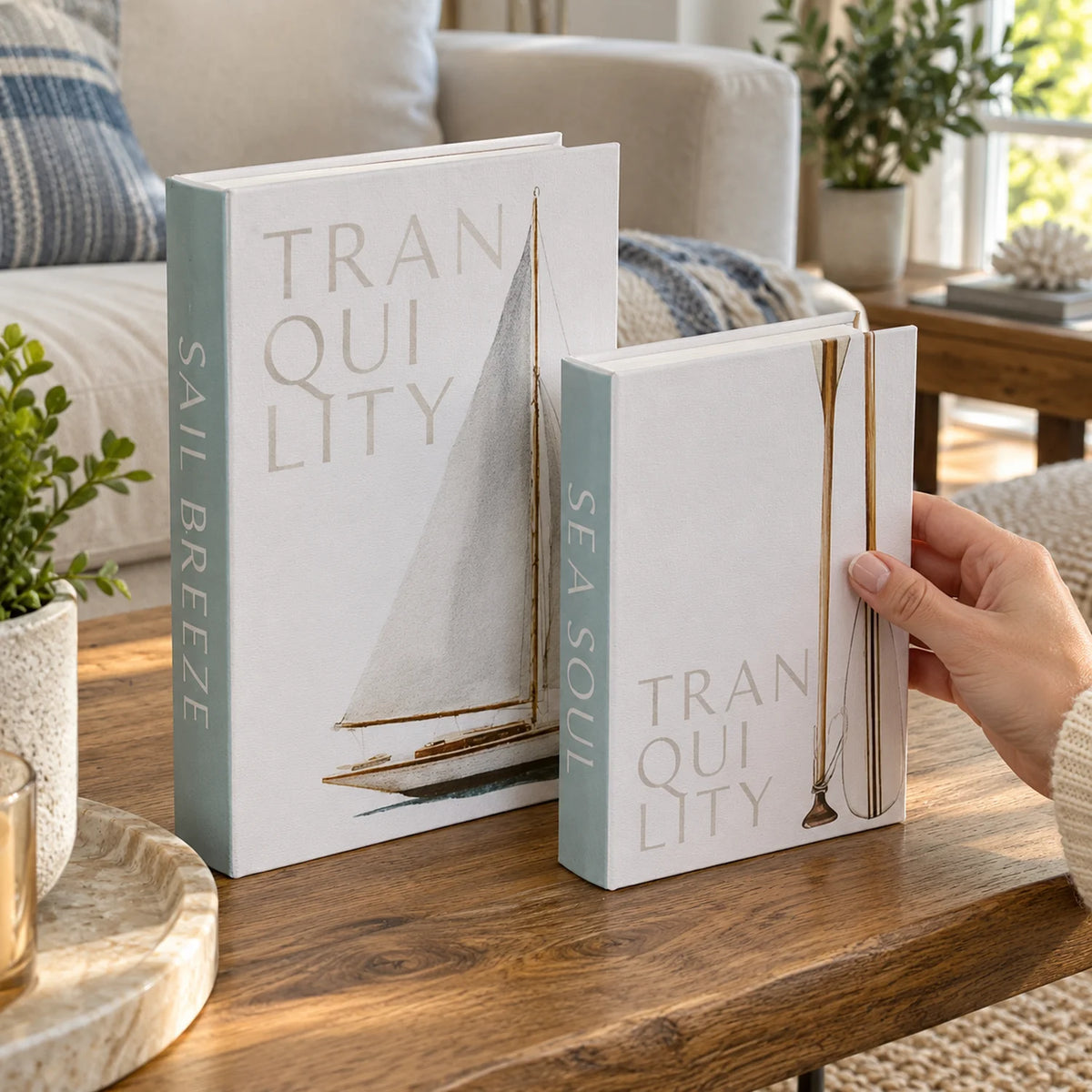 Kit 2 Livros Caixa Decorativos em Canvas Náutico Quietude — uso natural