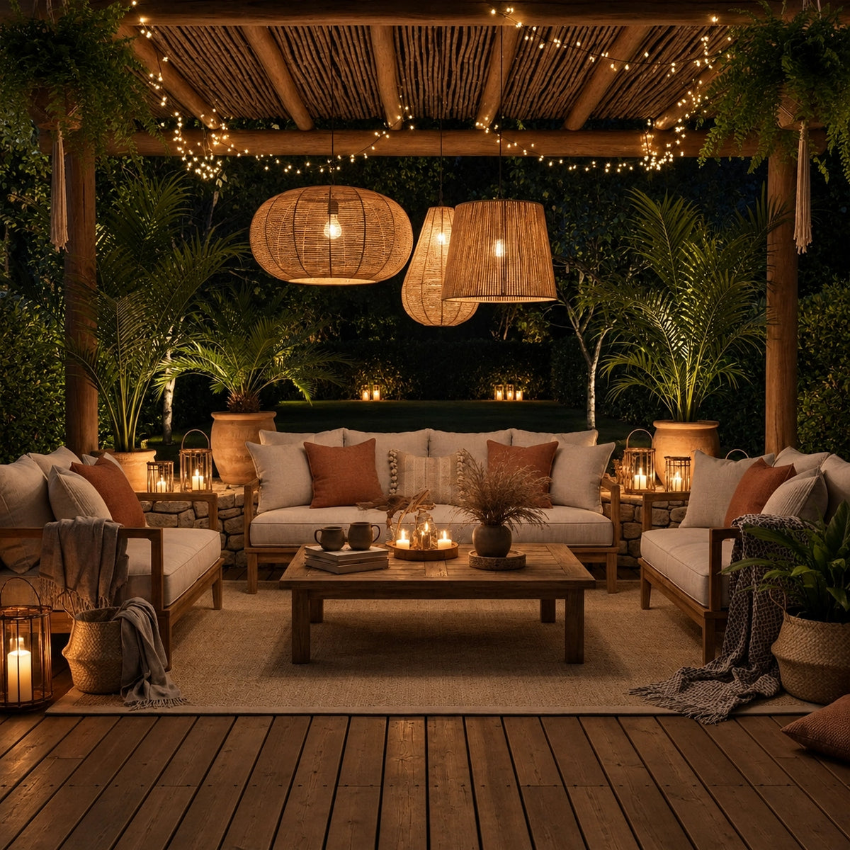 Kit 3 Luminárias Pendente de Palha Ayla para composição de iluminação decorativa, em ambiente de varanda