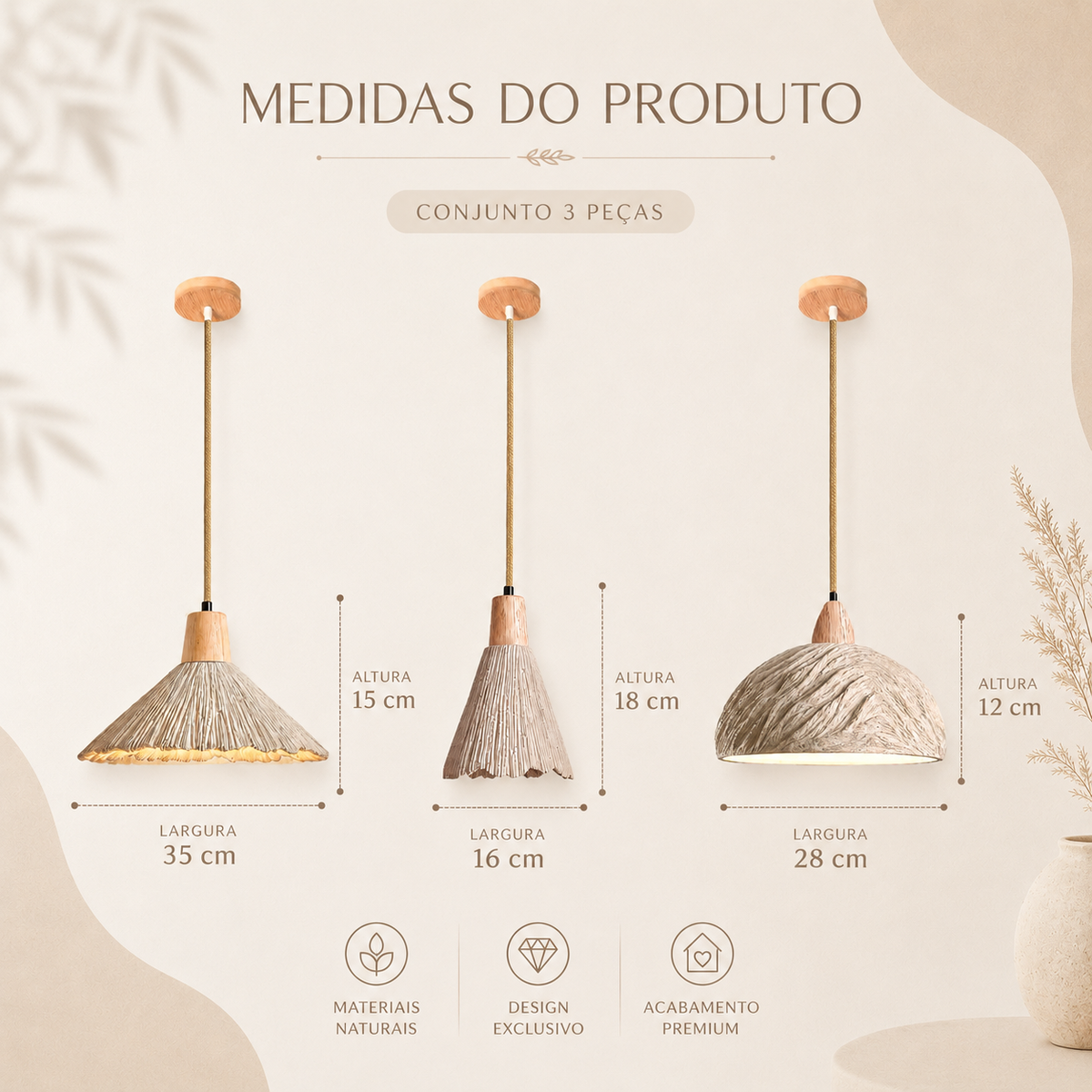 Kit 3 Luminárias Pendente de Concreto Habitat — imagem com medidas do produto