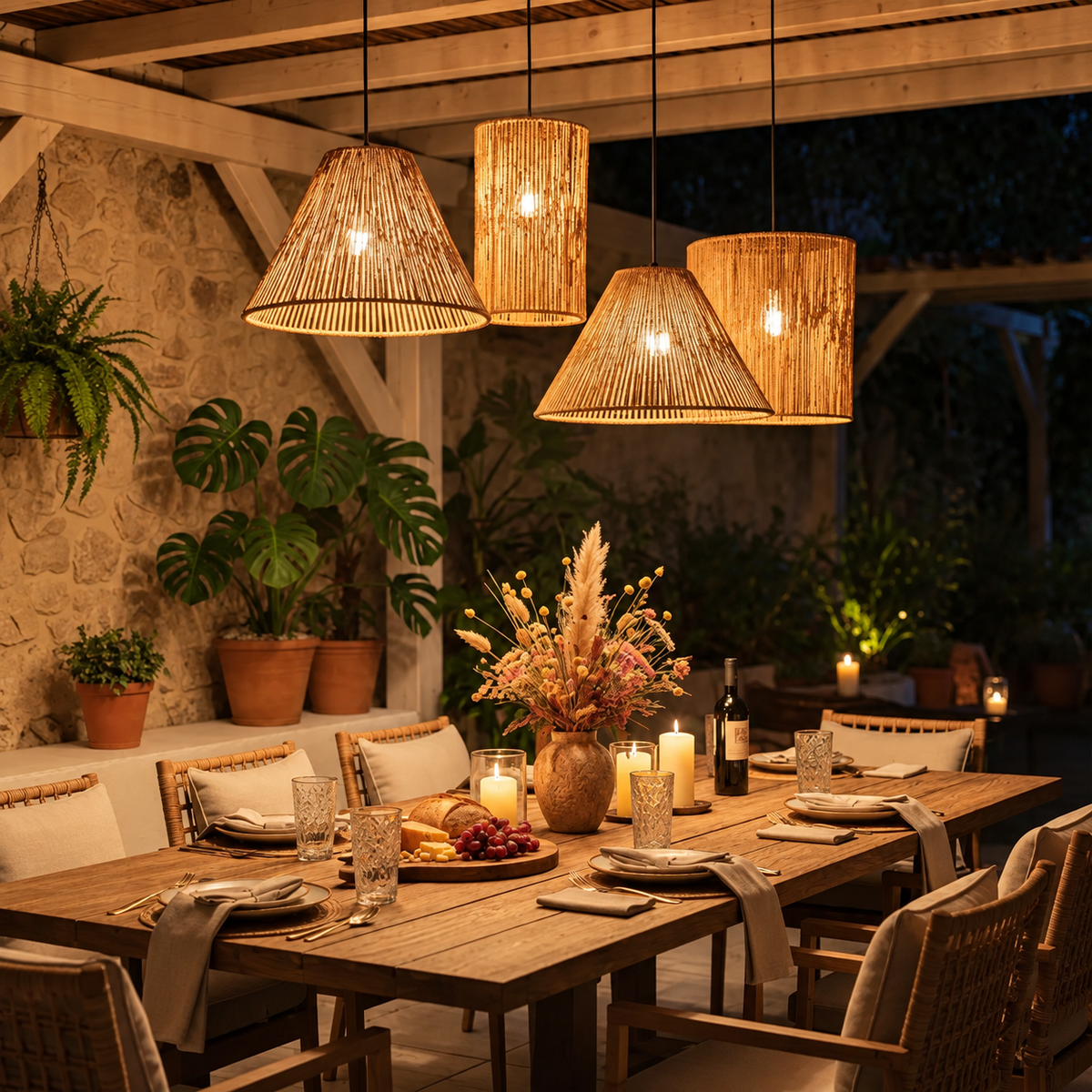 Kit 4 Luminárias Pendente de Palha Mayu para composição de iluminação decorativa, em ambiente de jantar