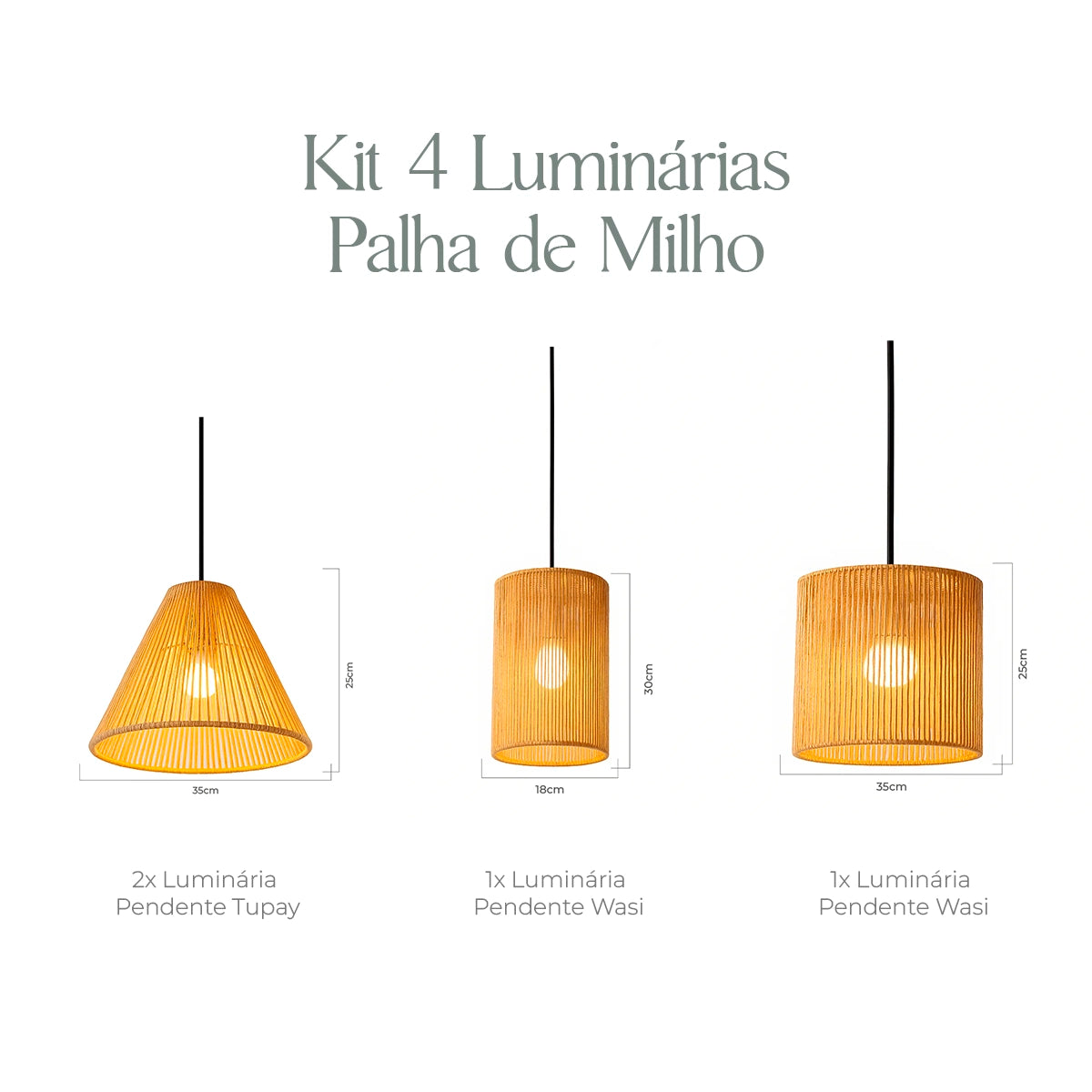 Kit 4 Luminárias Pendente de Palha Mayu para composição de iluminação decorativa, em composição decorativa