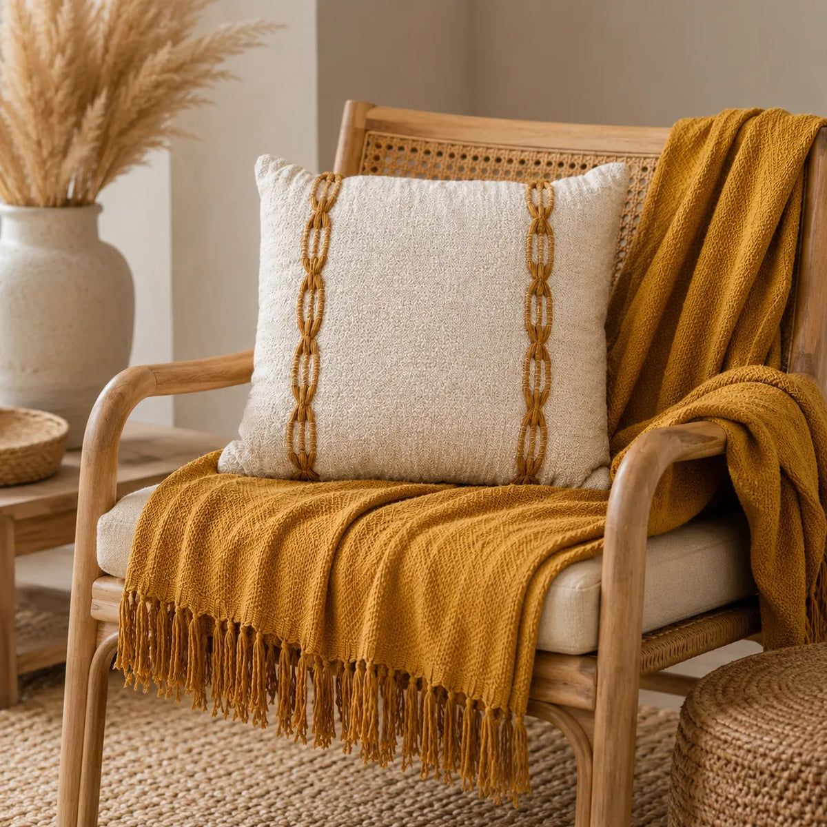 Kit Manta para Sofá e Capa de Almofada Mostarda Elos para decoração de sala com peças coordenadas