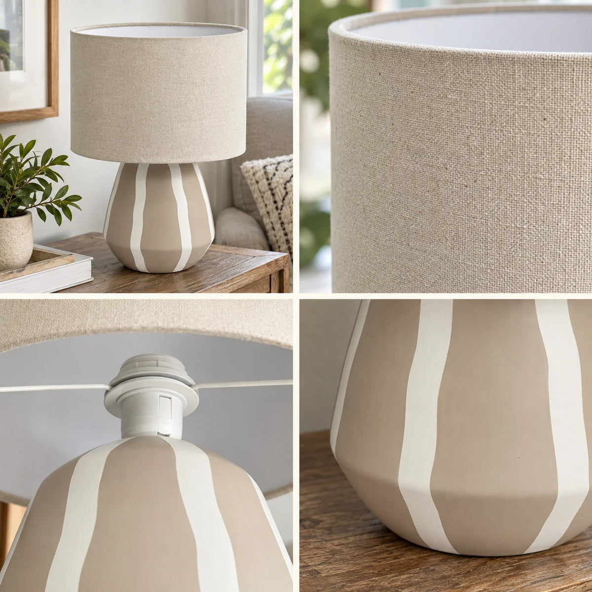 Luminária de Mesa em Cerâmica Listrada e Linho Alba — quatro detalhes