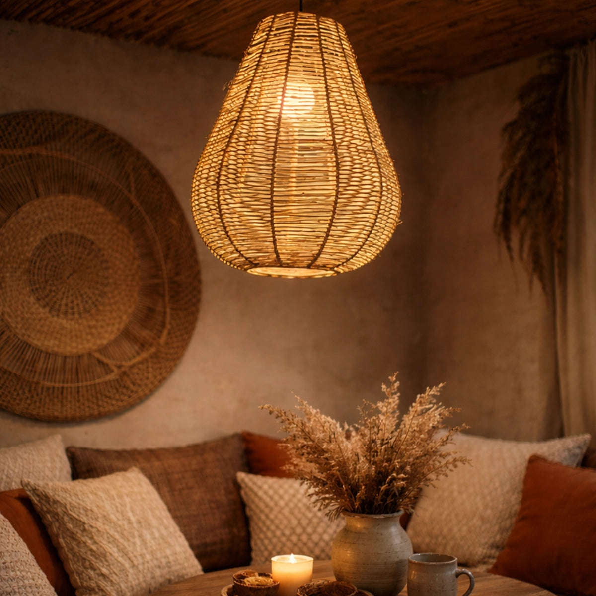 Luminária Pendente de Palha Huaca para iluminação e decoração de interiores