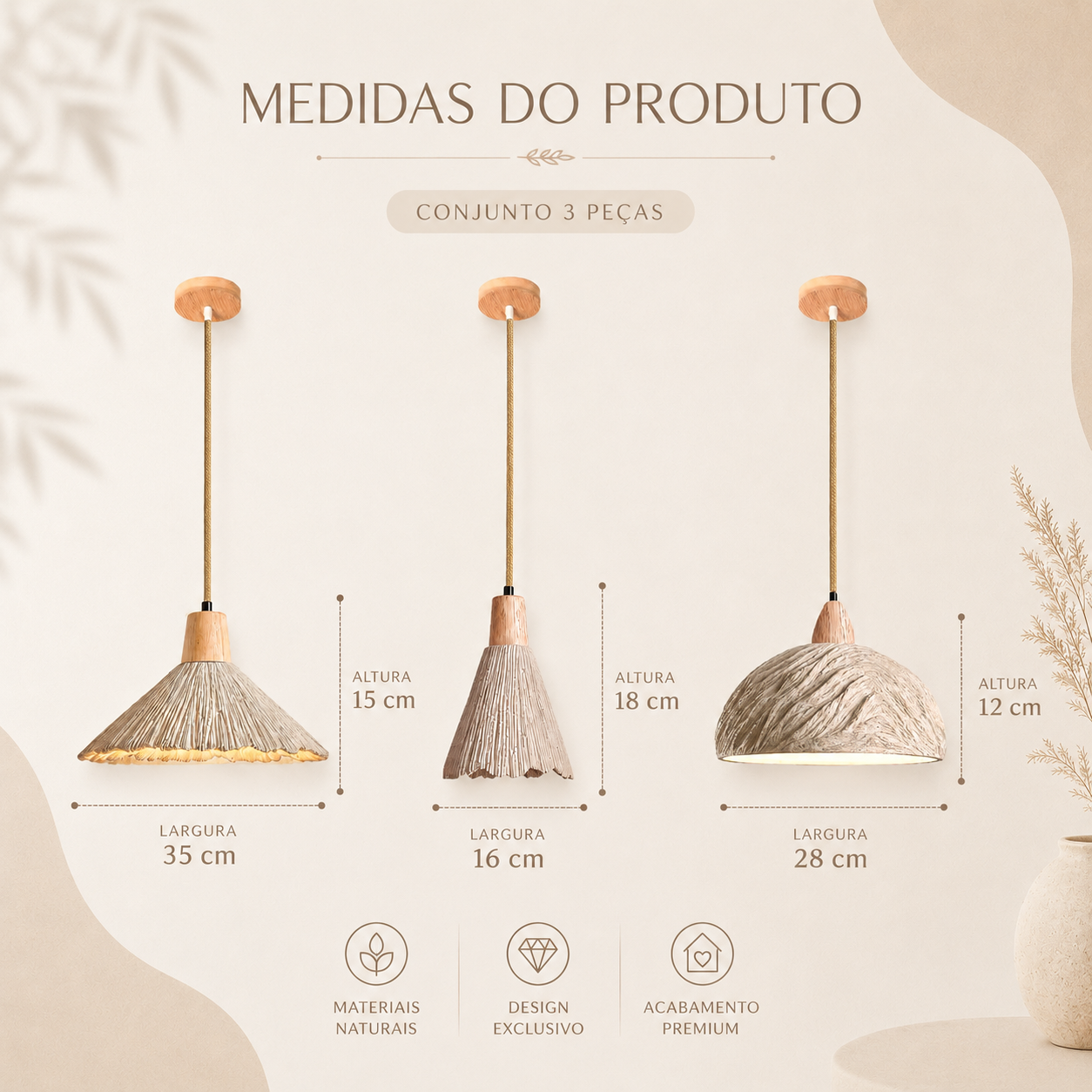Kit 3 Luminárias Pendente de Concreto Habitat