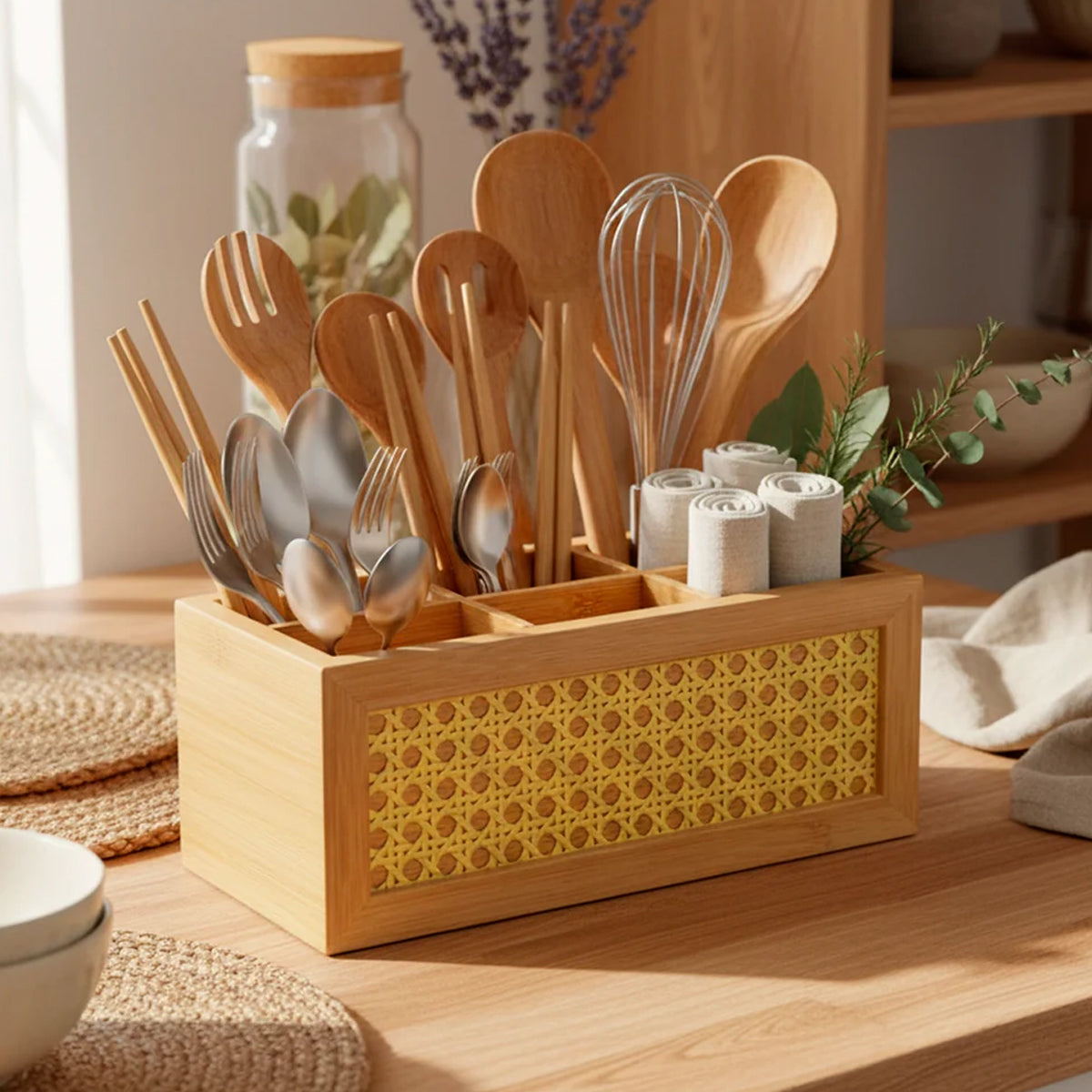 Porta Talheres de Bambu com Palhinha Indiana Essenza Natural