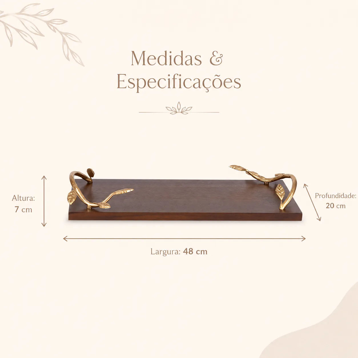 Bandeja Decorativa Retangular de Madeira com Alças Douradas Ravena