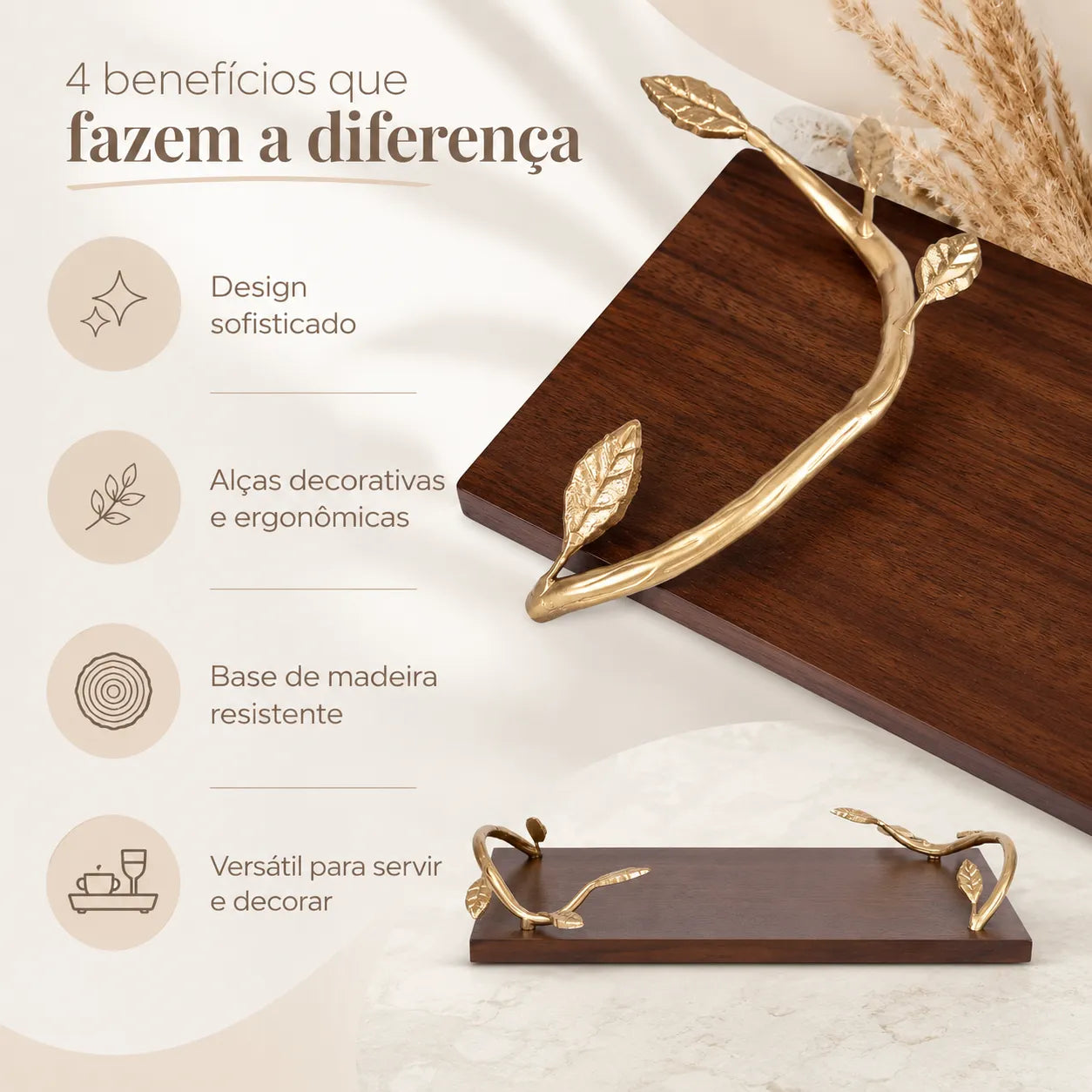 Bandeja Decorativa Retangular de Madeira com Alças Douradas Ravena