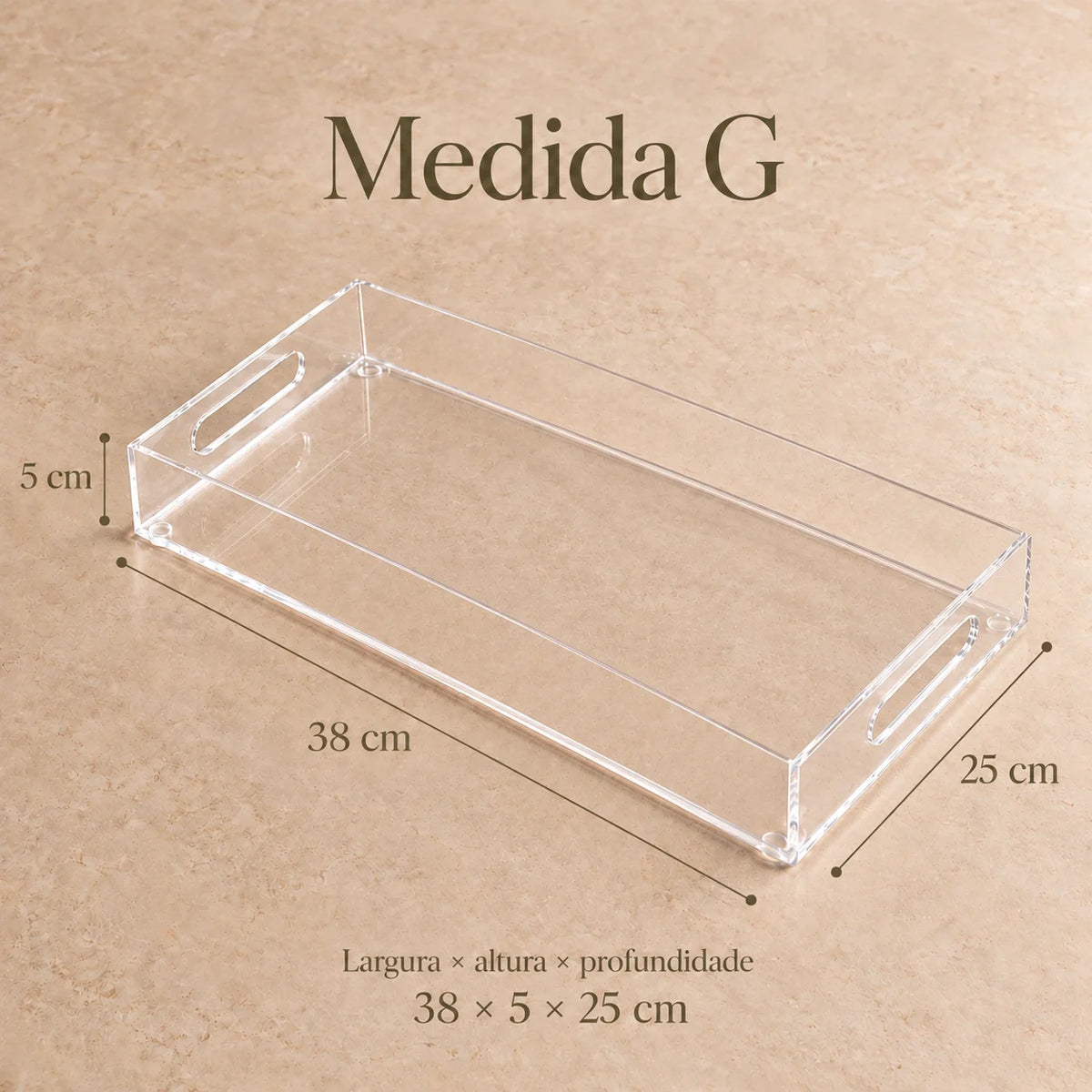 Bandeja Nítida em acrílico cristal, em diagrama do tamanho G.