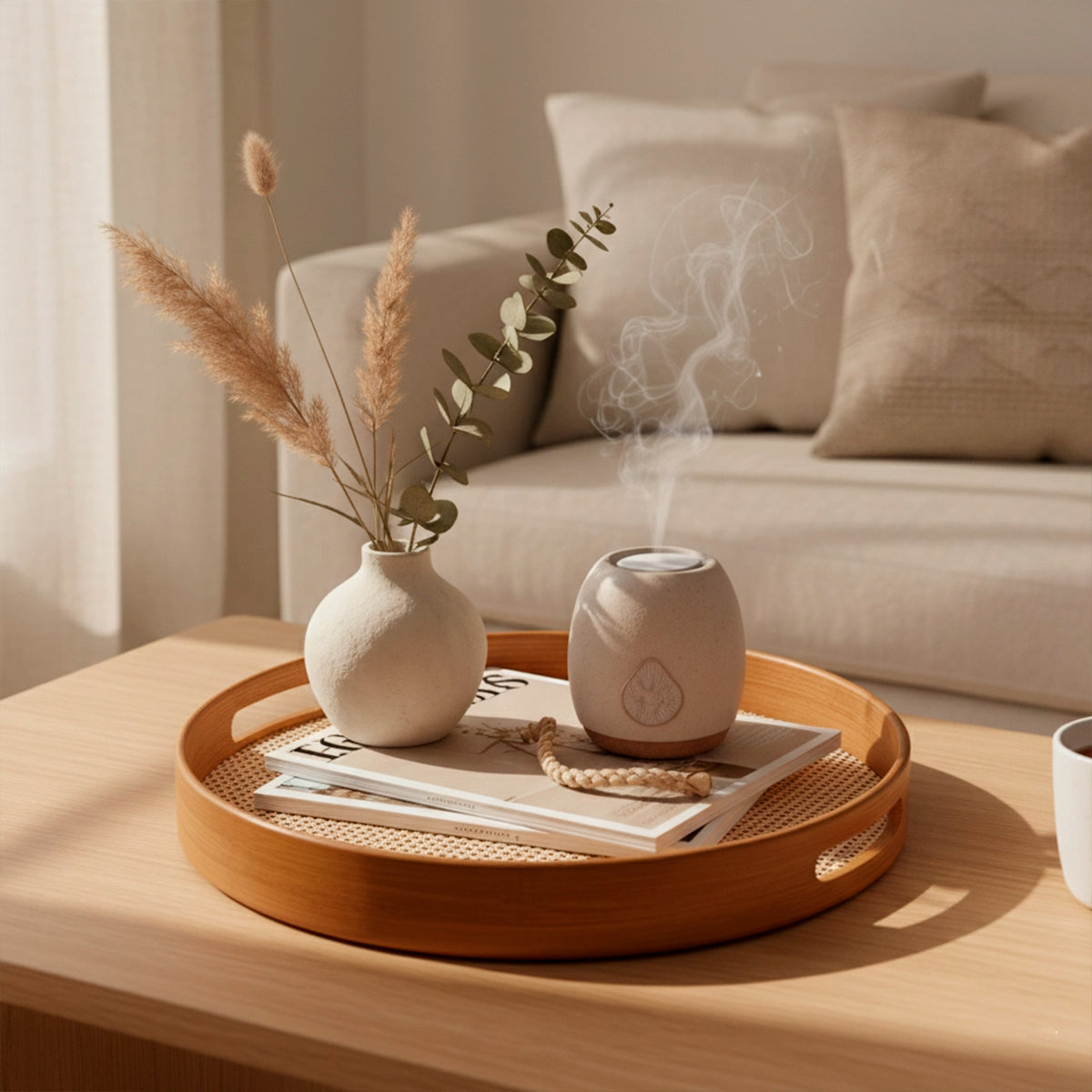 Bandeja Redonda de Bambu com Palhinha Indiana Xadrez Essenza Natural