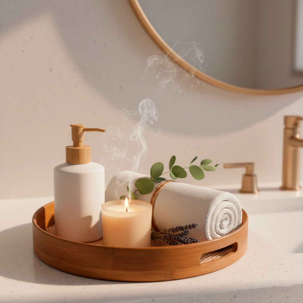 Bandeja Redonda de Bambu com Palhinha Indiana Xadrez Essenza Natural