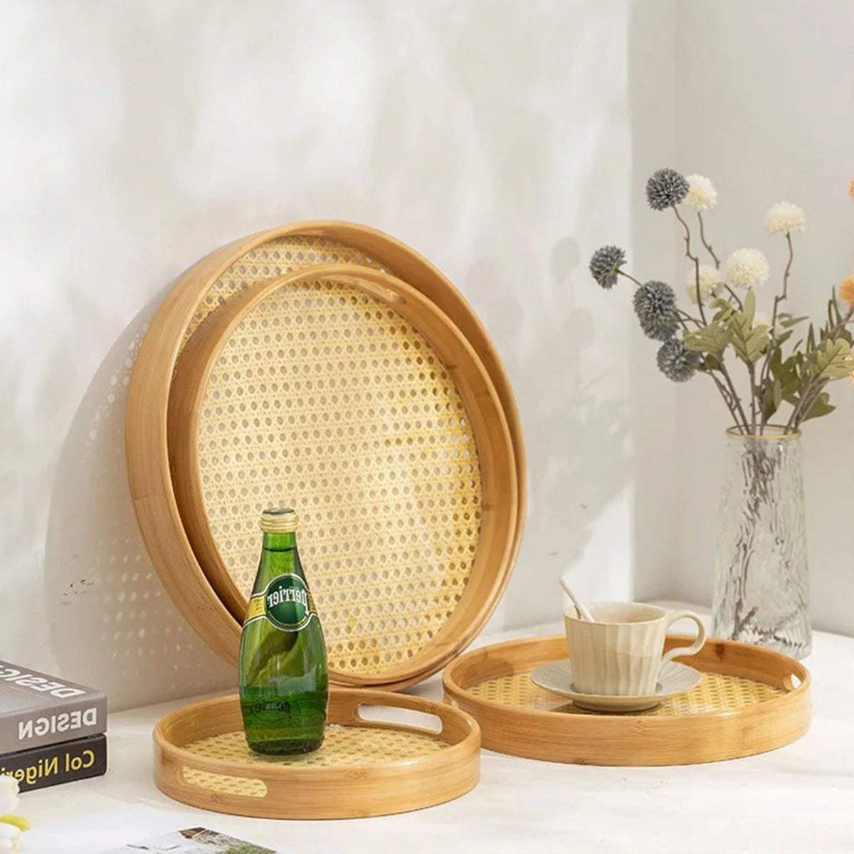 Bandeja Redonda em Bambu e Palhinha indiana Essenza Natural