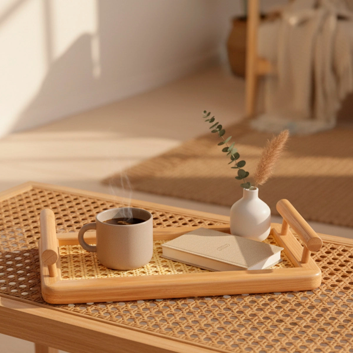 Bandeja Retangular com Alças de Bambu com Palhinha Indiana Essenza Natural