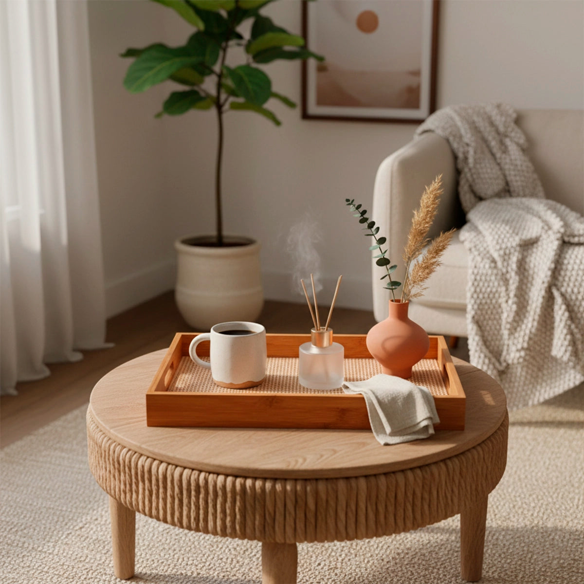 Bandeja Retangular de Bambu com Palhinha Indiana Xadrez Essenza Natural