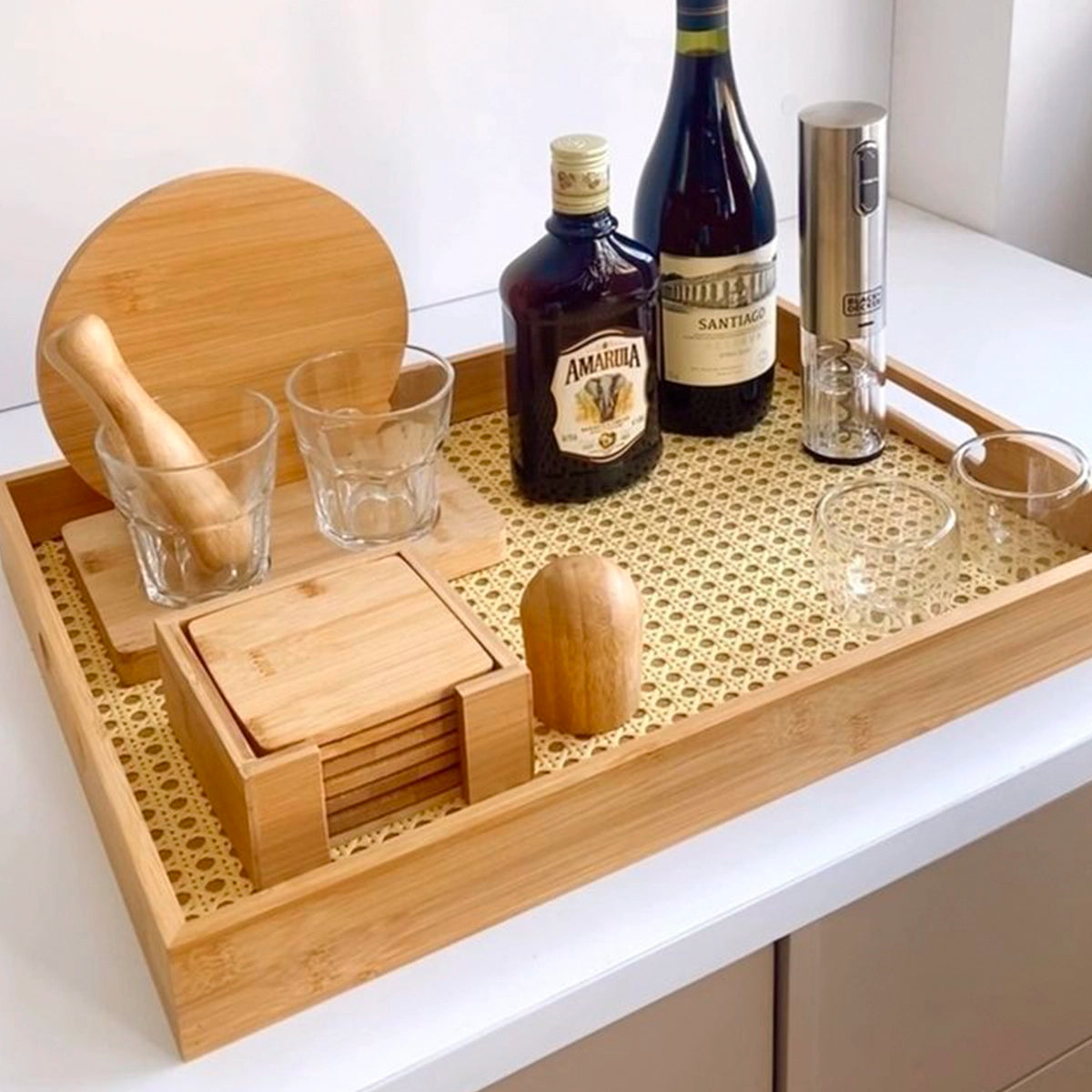 Bandeja Retangular em Bambu e Palhinha indiana Essenza Natural