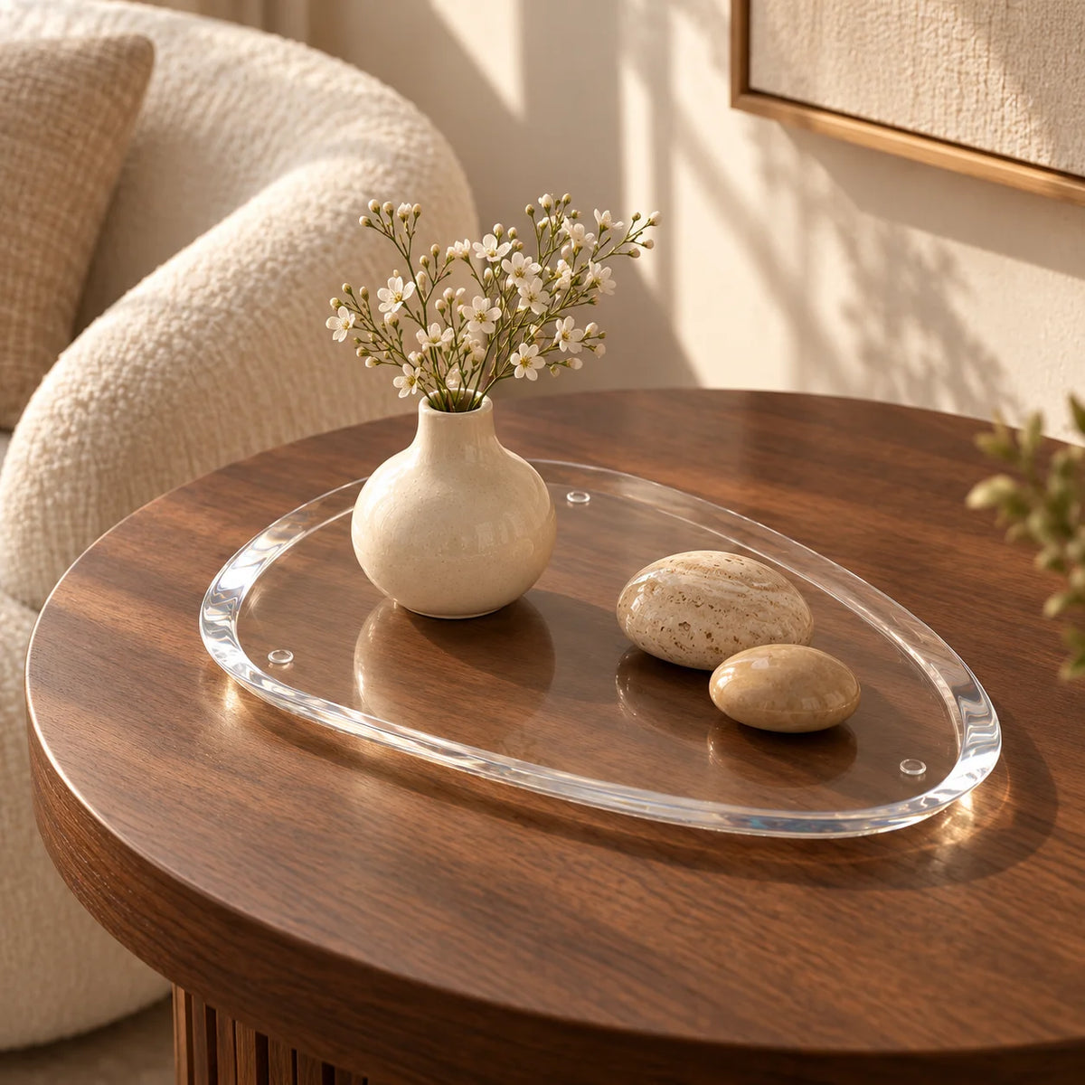Base oval Elísea em acrílico cristal, com vaso e objetos decorativos sobre mesa de madeira.