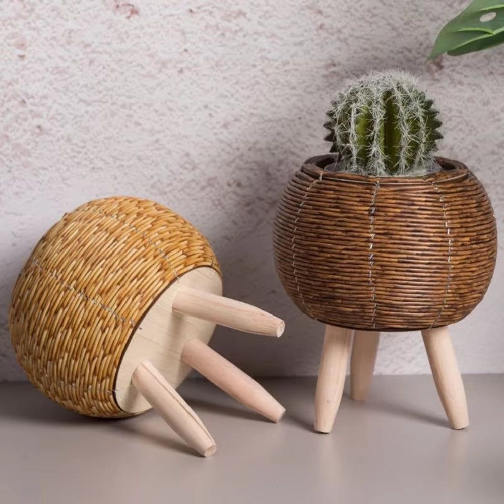 Cachepot de Rattan com Suporte de Madeira