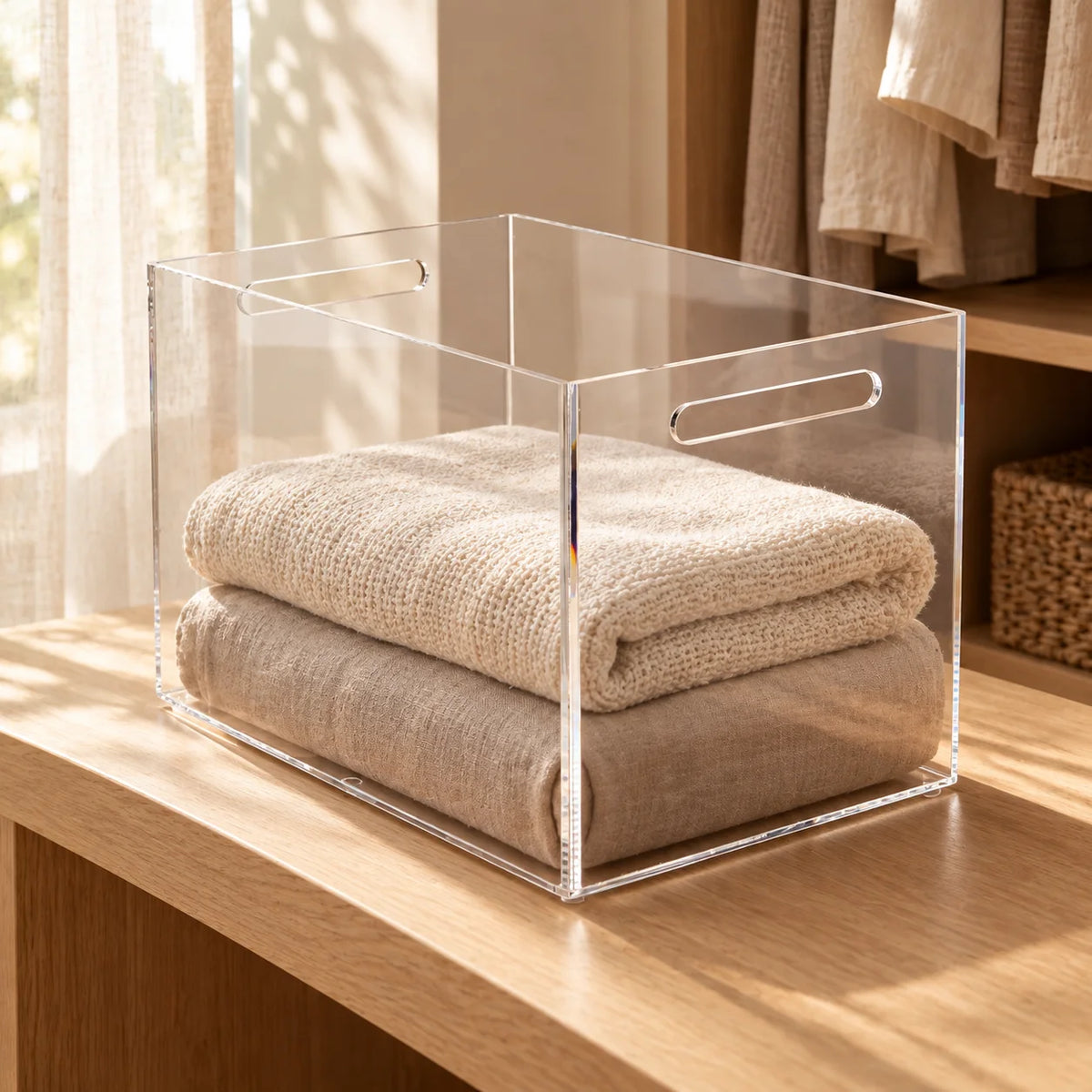 Caixa alta Velune em acrílico cristal, com toalhas dobradas no closet.