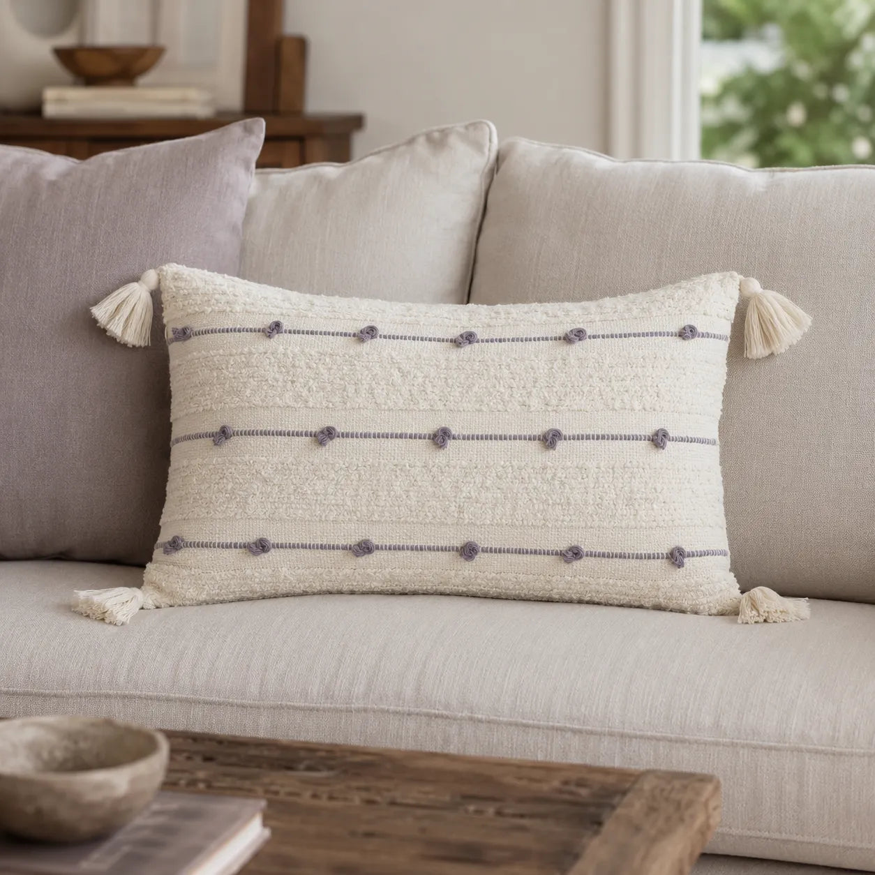 Capa de Almofada Baguete Premium Cru com Tassels