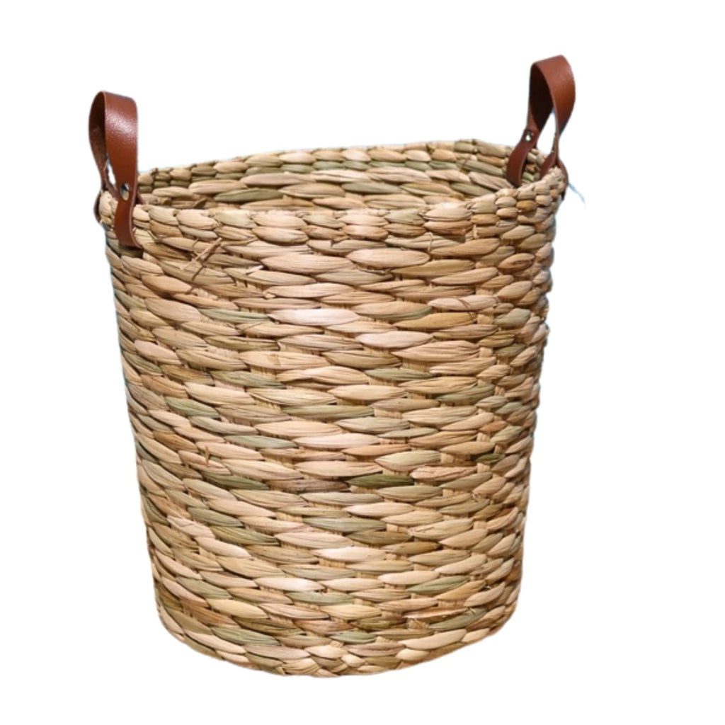 Cesto Organizador de Palha Natural com Alça em Couro