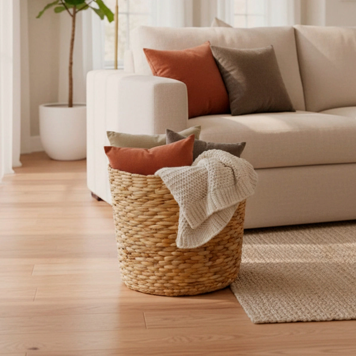 Cesto Organizador de Palha Natural com Alça em Couro