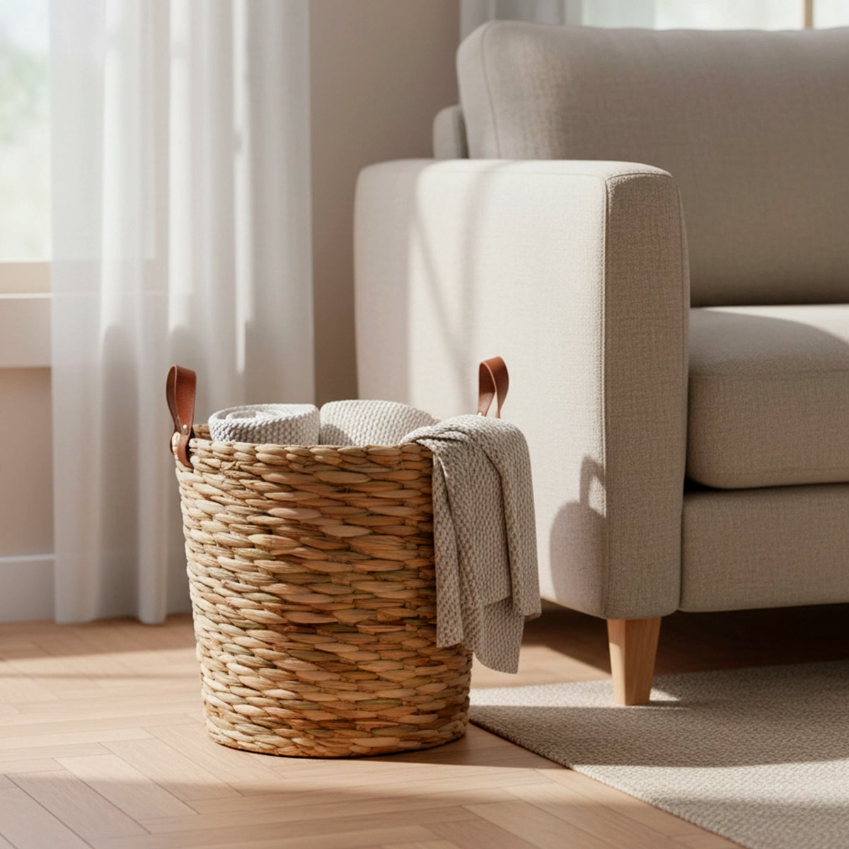 Cesto Organizador de Palha Natural com Alça em Couro