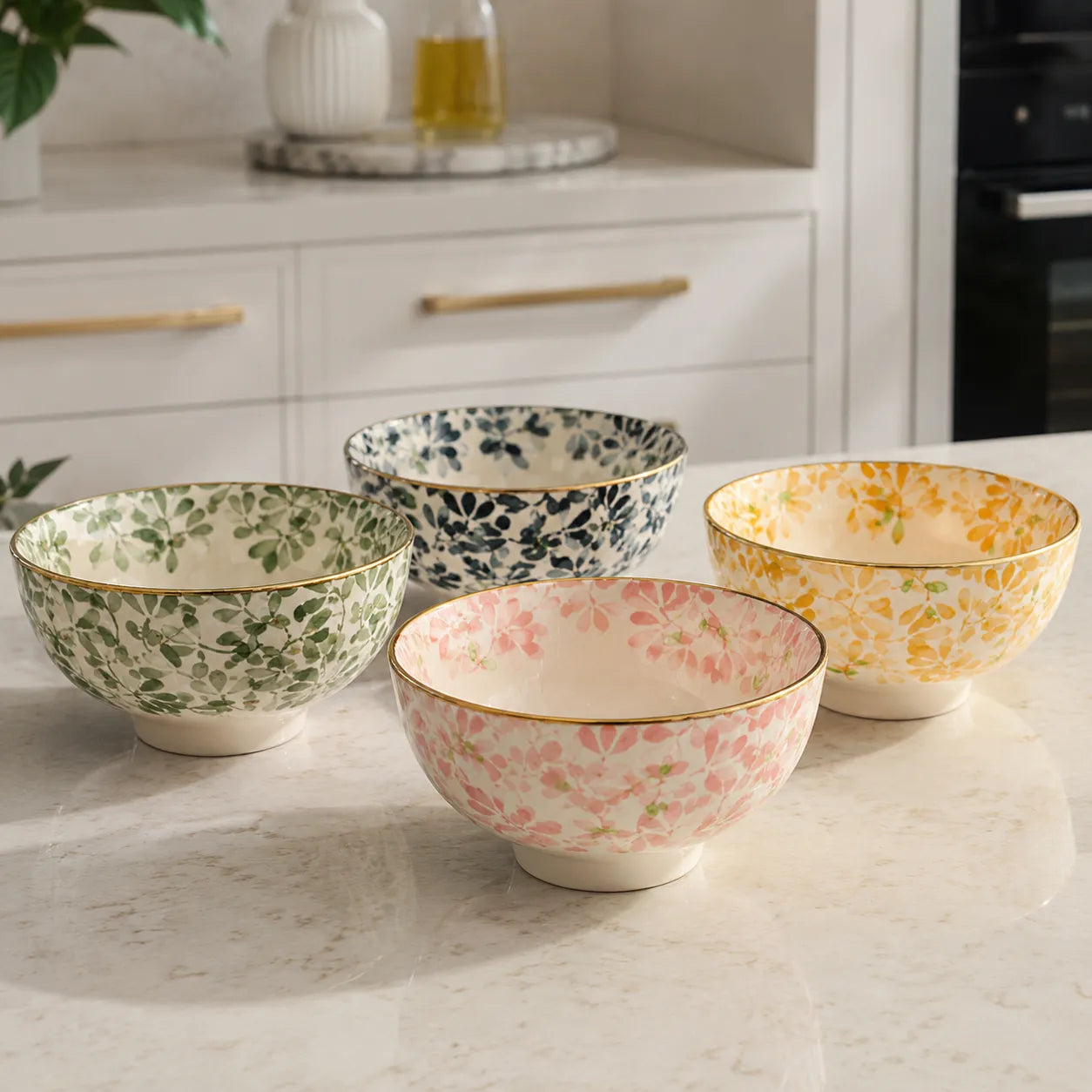 Conjunto Bowl de Cerâmica Aquarela Floral - 4 Peças