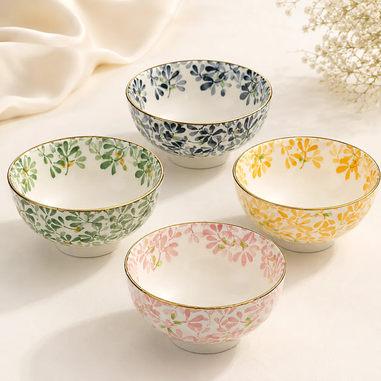 Conjunto Bowl de Cerâmica Aquarela Floral - 4 Peças