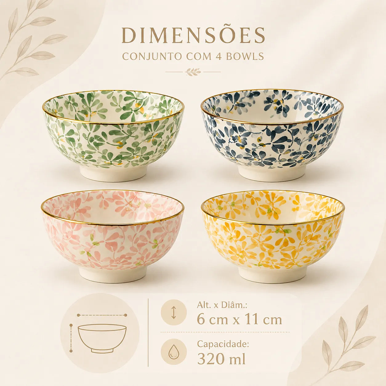Conjunto Bowl de Cerâmica Aquarela Floral - 4 Peças