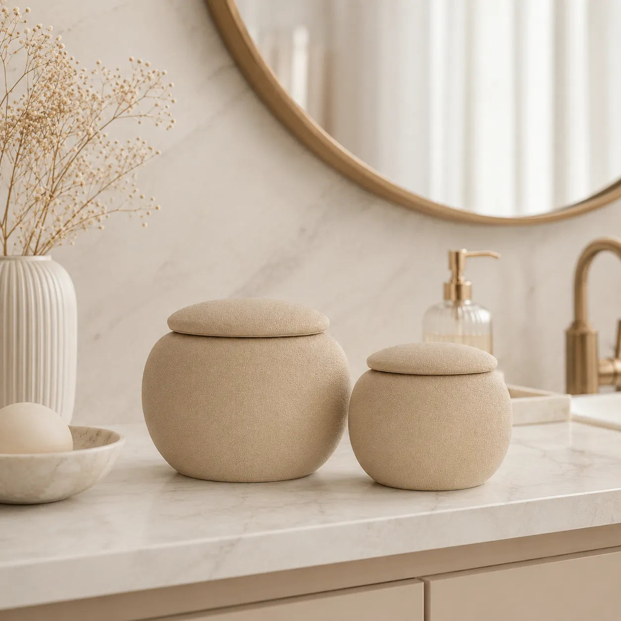 Conjunto de Mini Potes Decorativos em Cerâmica Bege com Tampa Seixo
