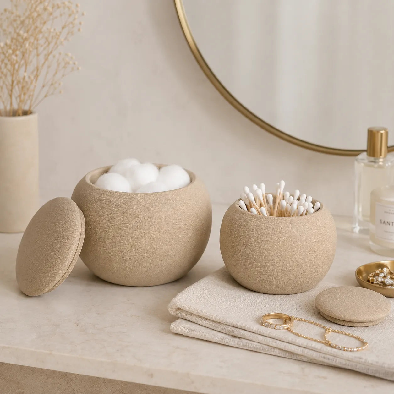 Conjunto de Mini Potes Decorativos em Cerâmica Bege com Tampa Seixo