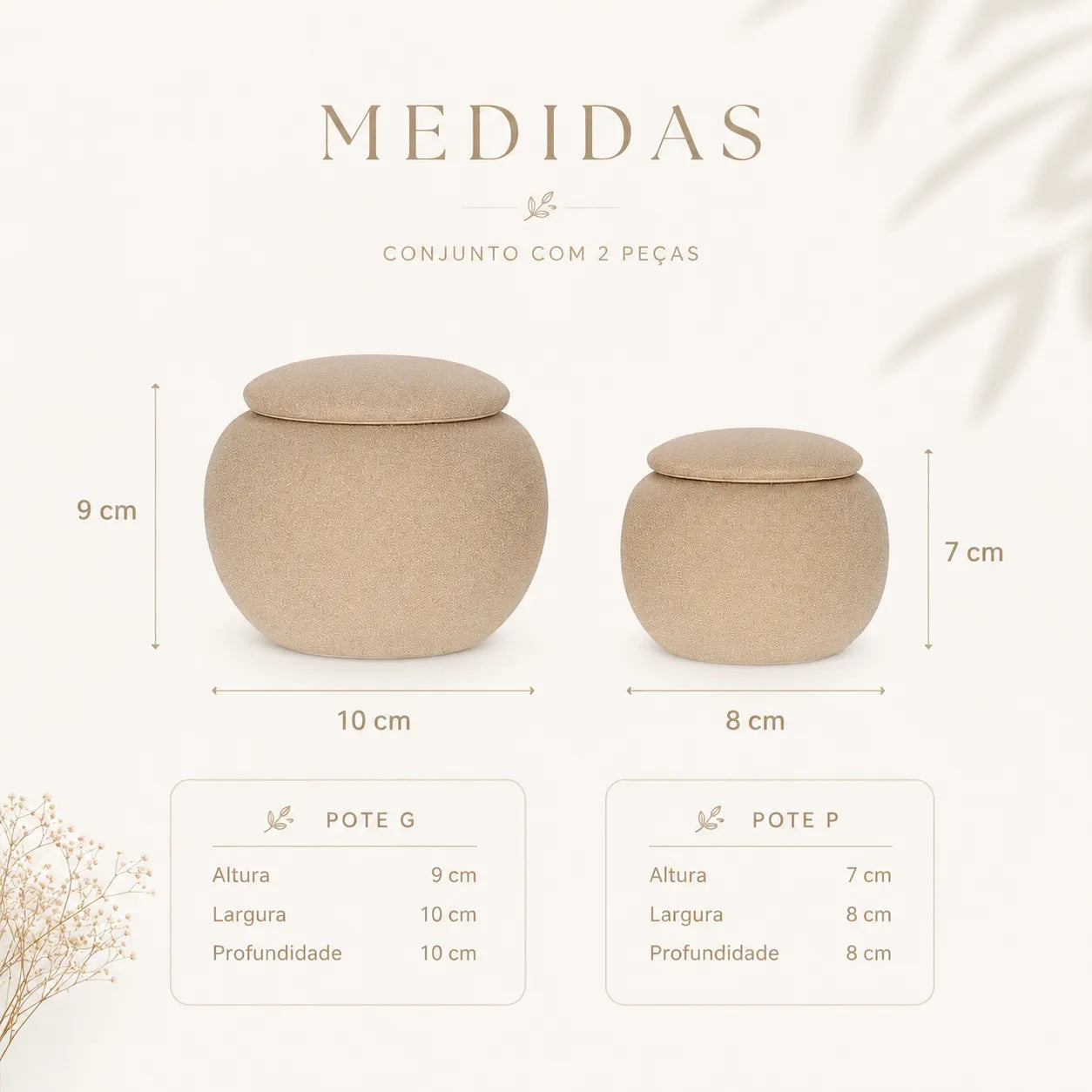 Conjunto de Mini Potes Decorativos em Cerâmica Bege com Tampa Seixo