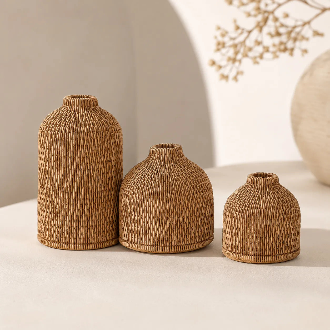 Conjunto de Mini Vasos Decorativos em Fibra Natural Trançada Nativa