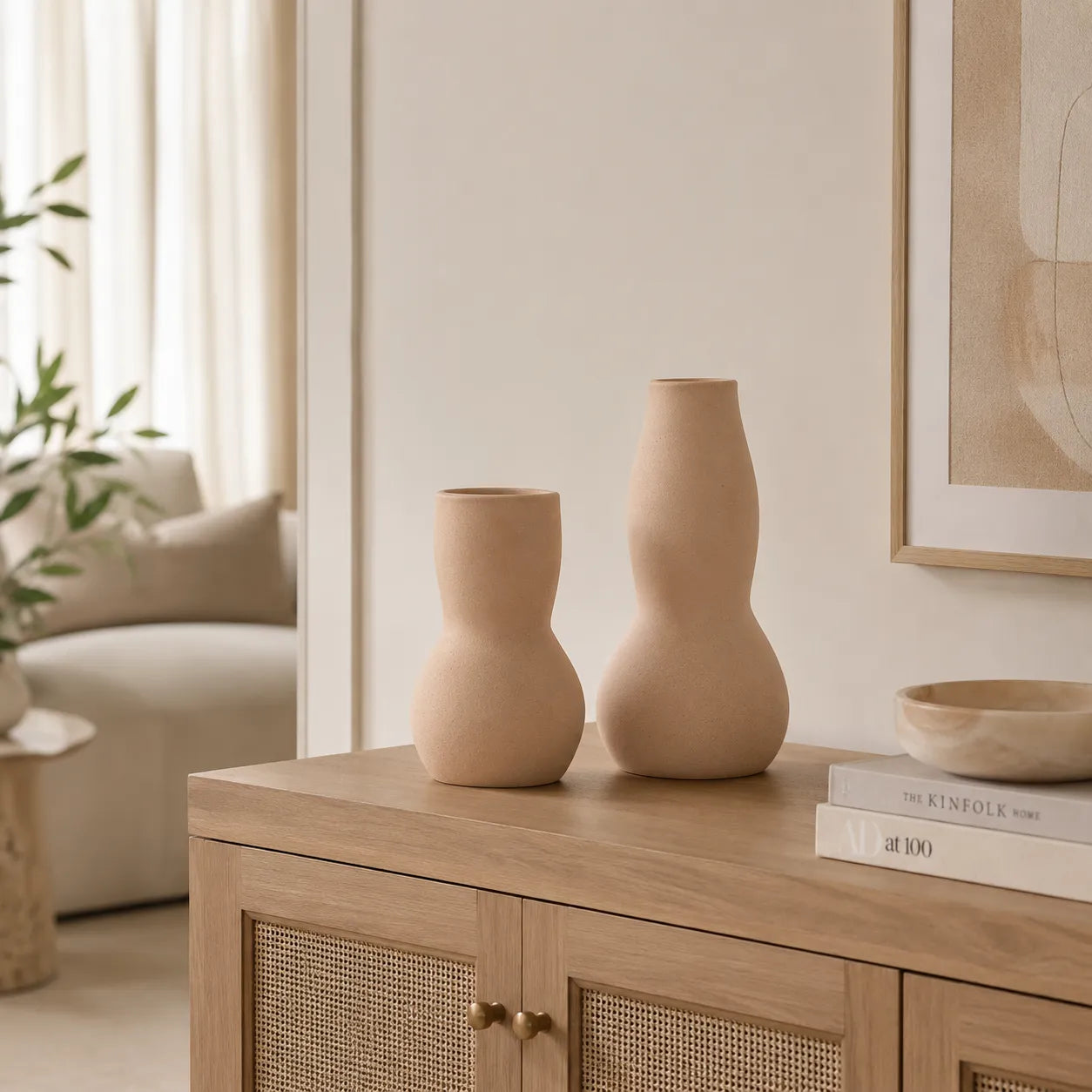 Conjunto de Vasos Decorativos em Cerâmica Bege Orgânica Duna